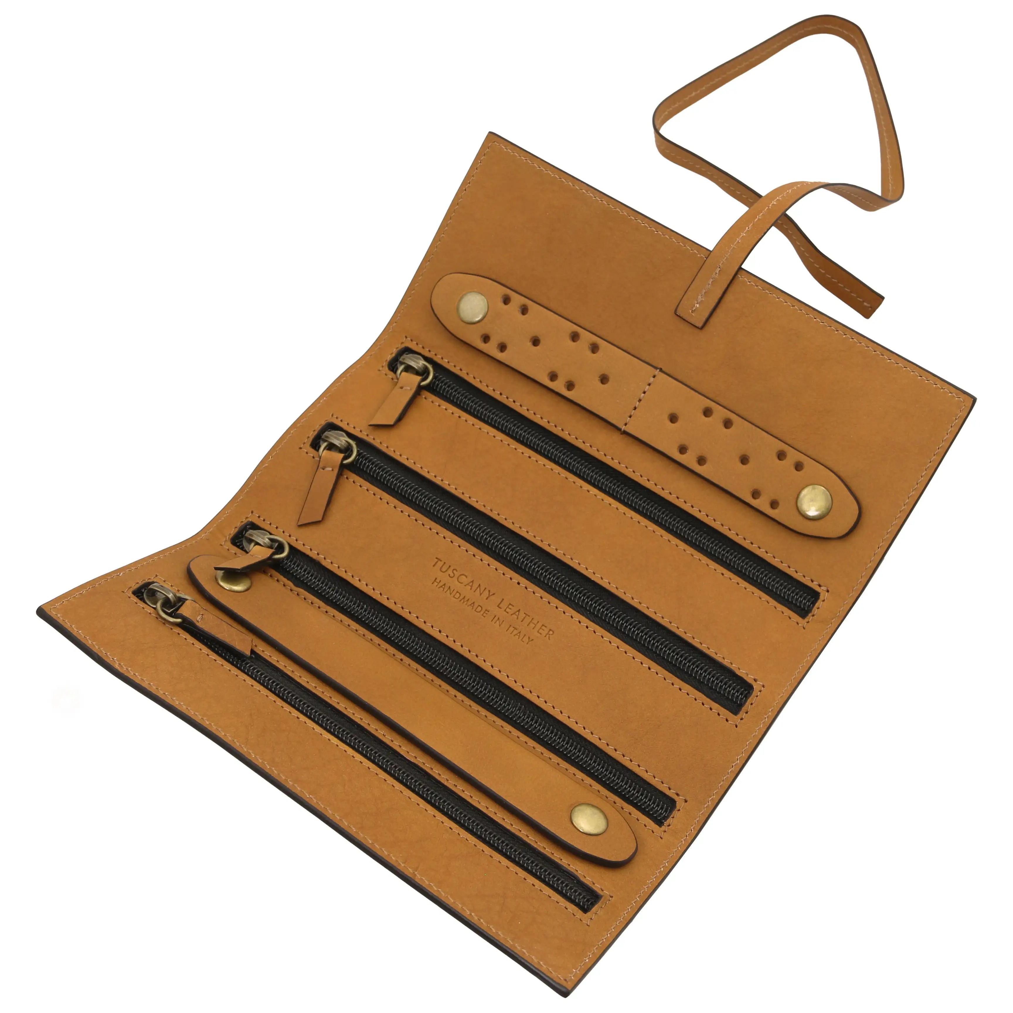 Interior view Structured Italian Leather Jewelry Case in natural with black zippers 