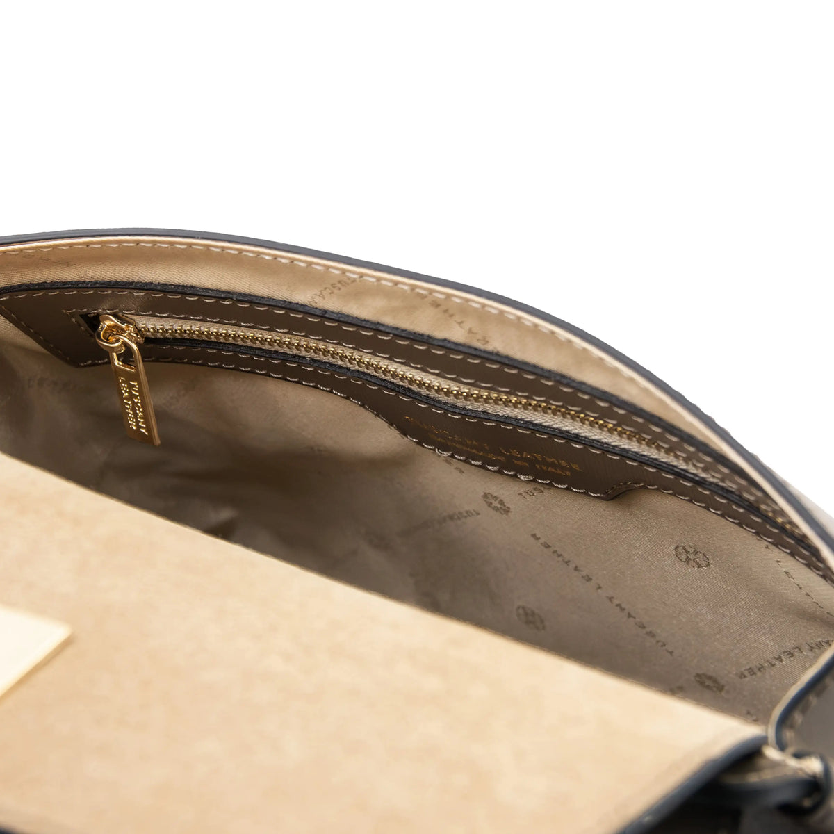 Interior zip pocket view Armonia Italian Leather Handbag  in dark taupe with beige lining