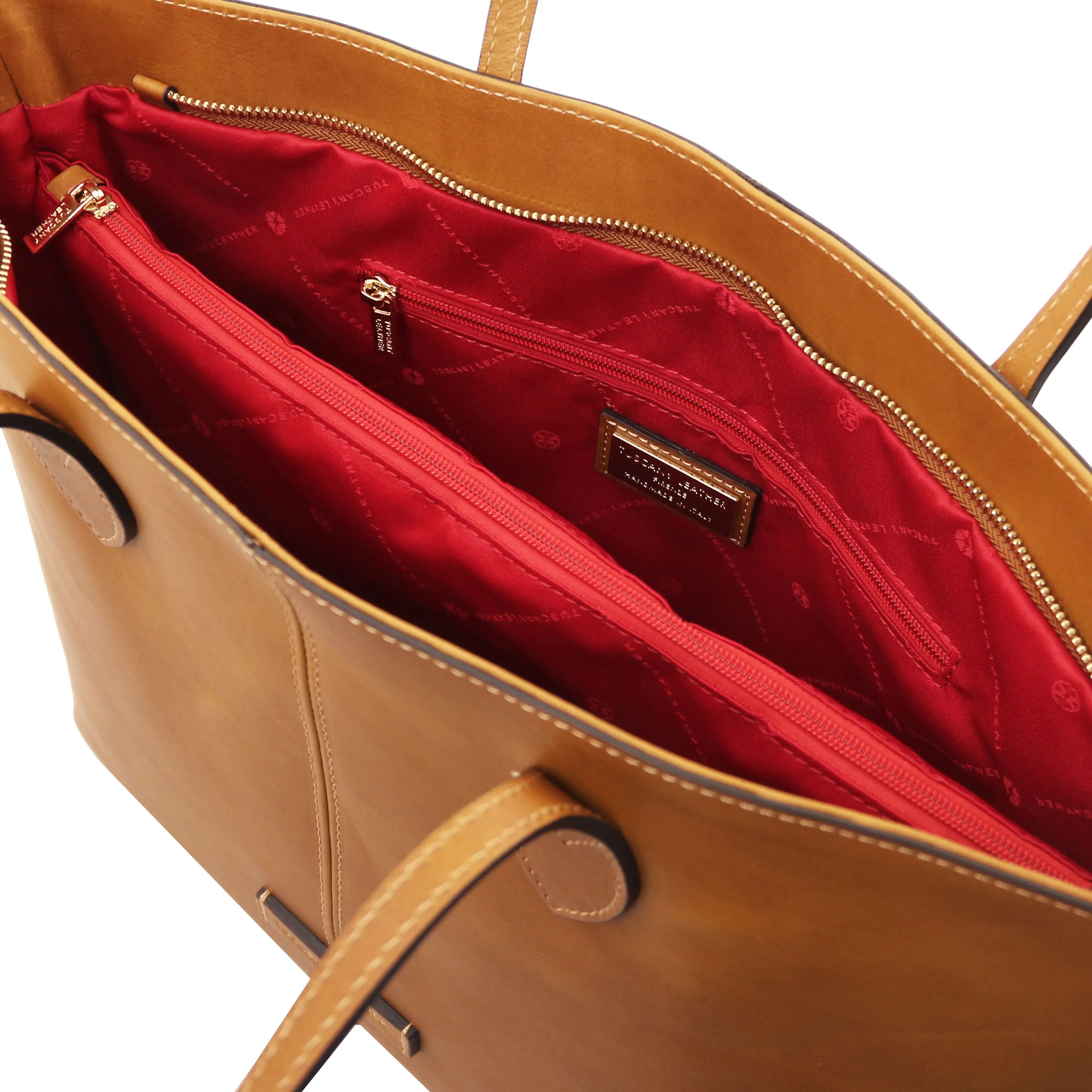 Interior zip pocket red lining view Natural Essenza Shoulder Bag