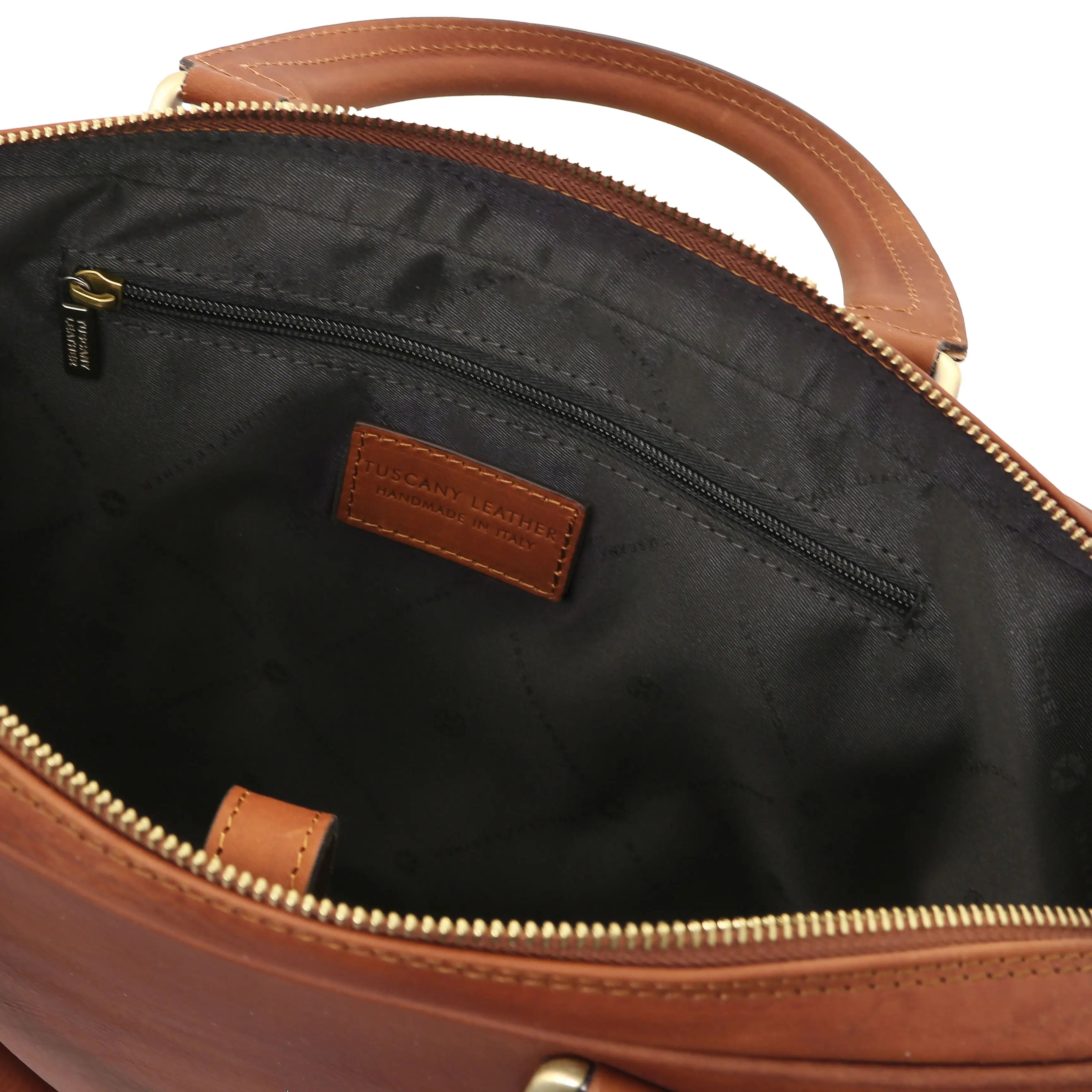 Interior zip pocket view brown Ferrara Leather Laptop Briefcase with black lining