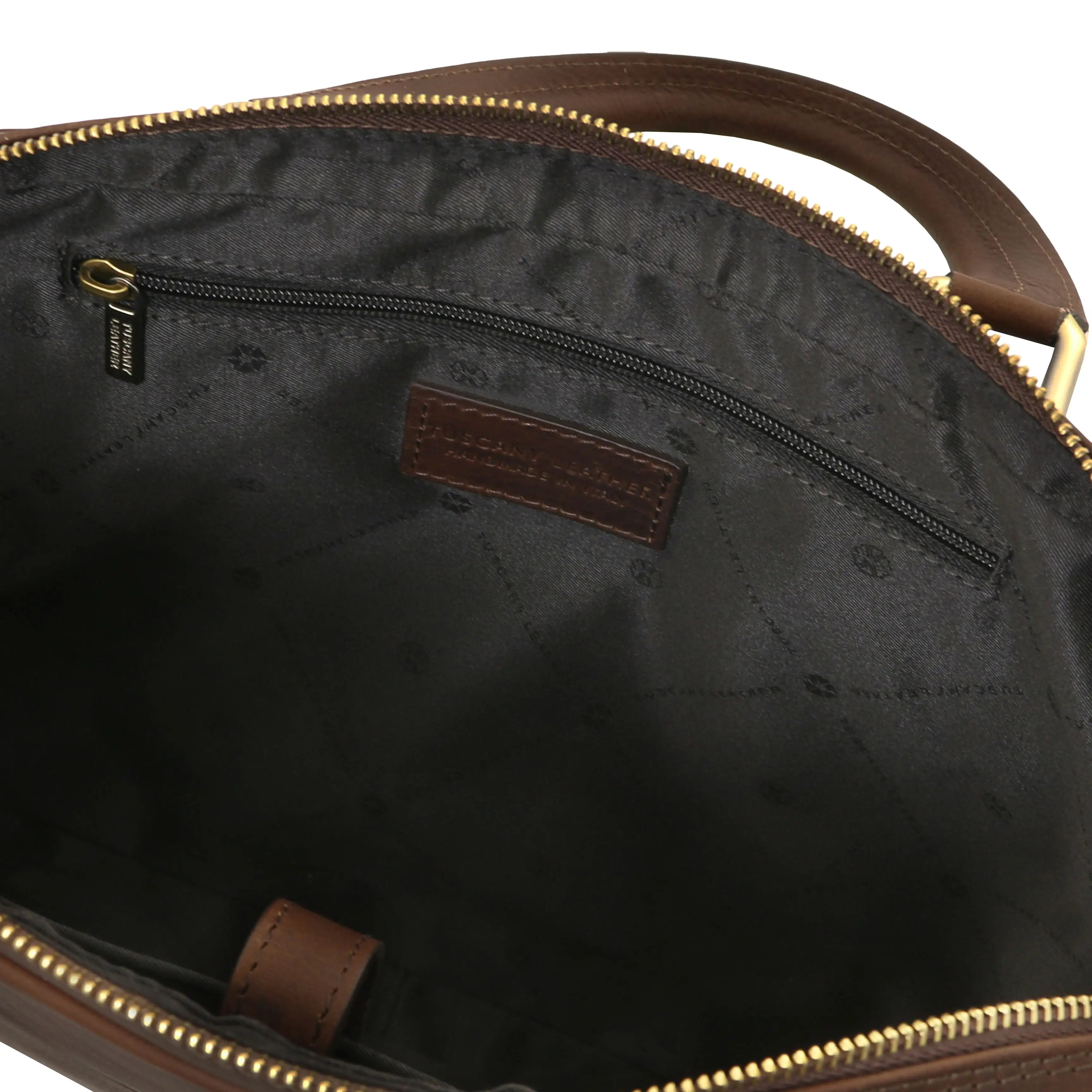 Interior zip pocket view dark brown Ferrara Leather Laptop Briefcase with black lining