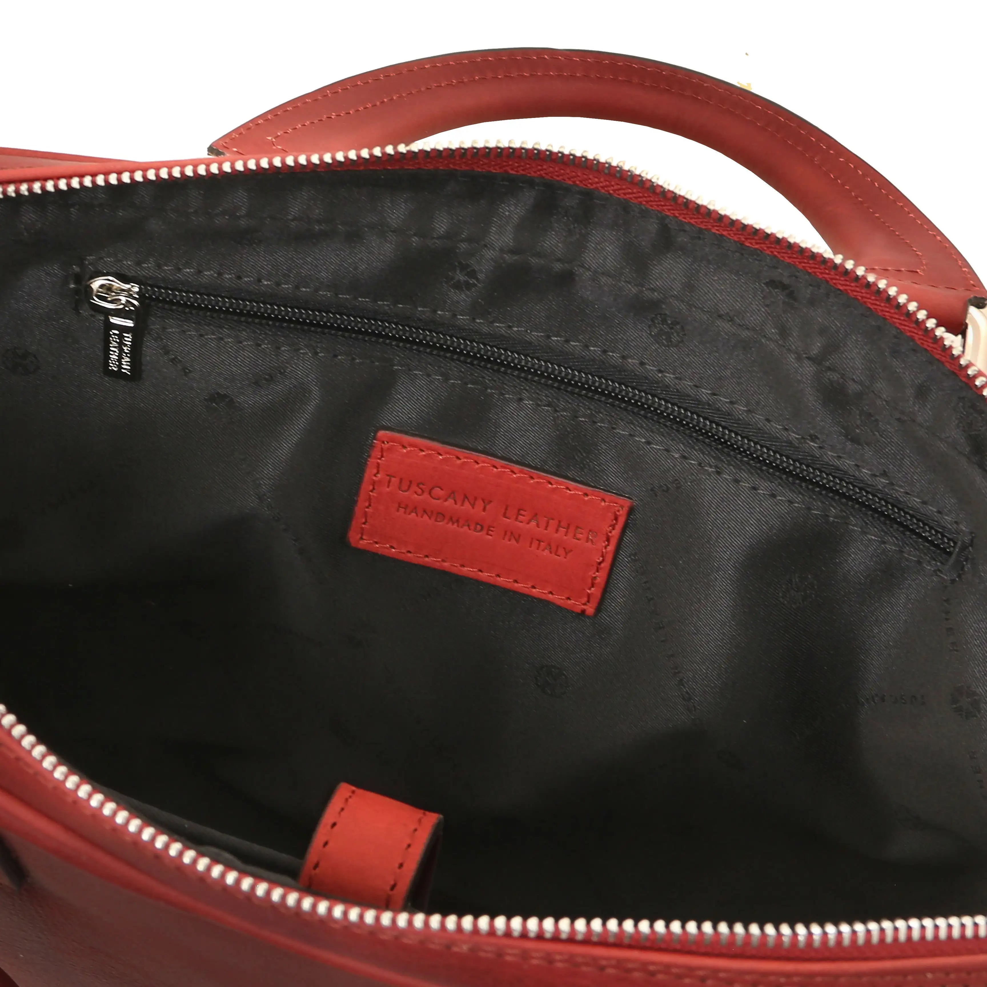 Interior zip pocket view red Ferrara Leather Laptop Briefcase with black lining