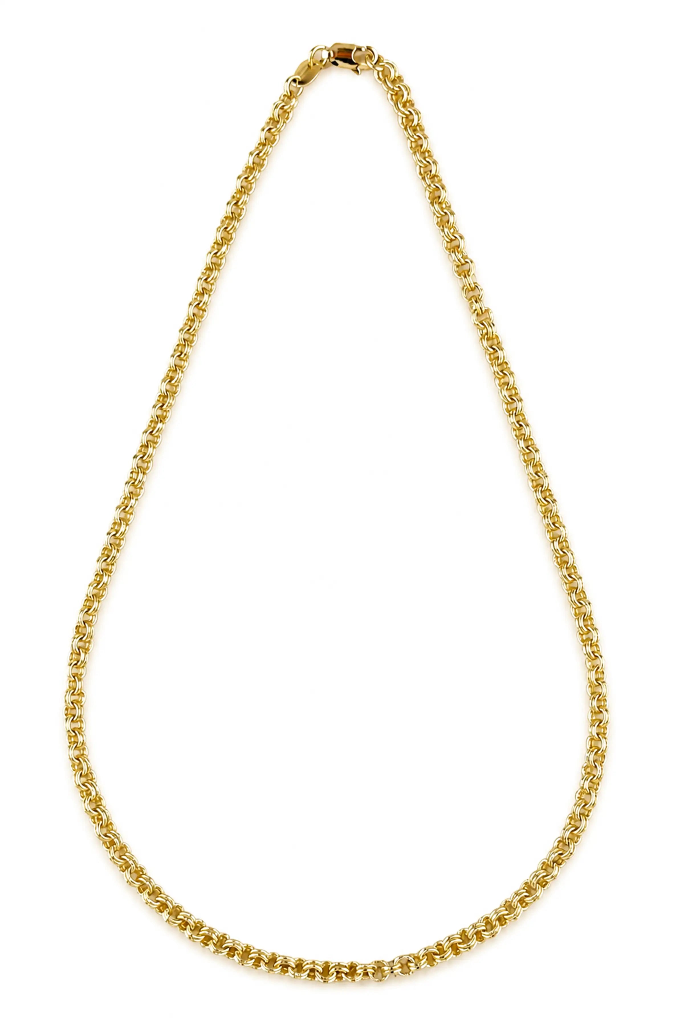 A gold tennis chain necklace with a lobster clasp, displayed in a teardrop shape against a solid white background.
