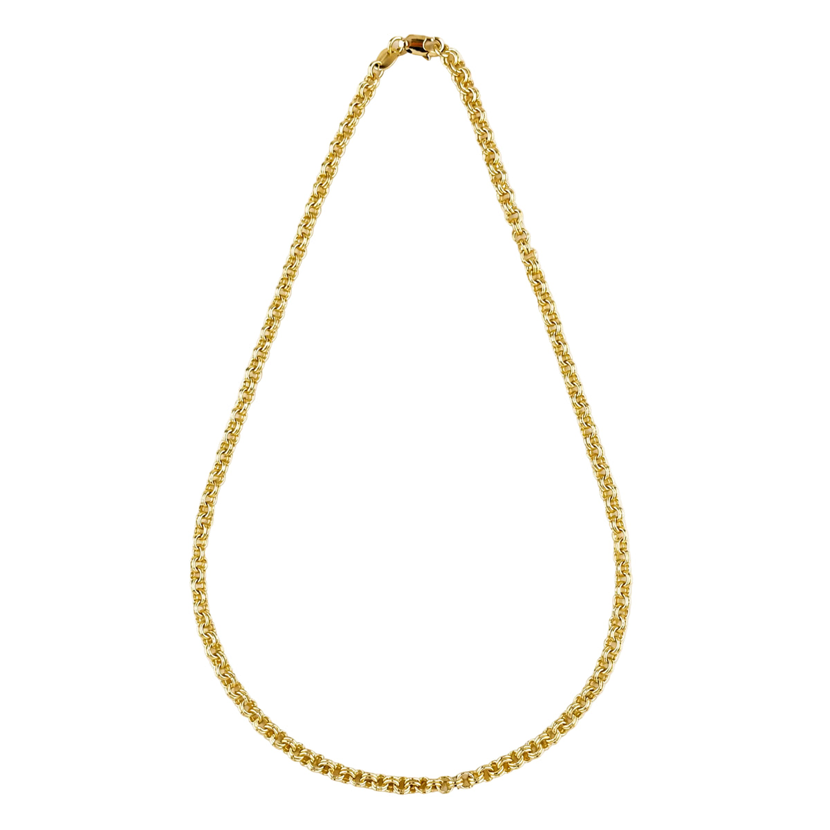 A gold chain necklace with a textured, woven link design, displayed in a teardrop shape against a solid white background.