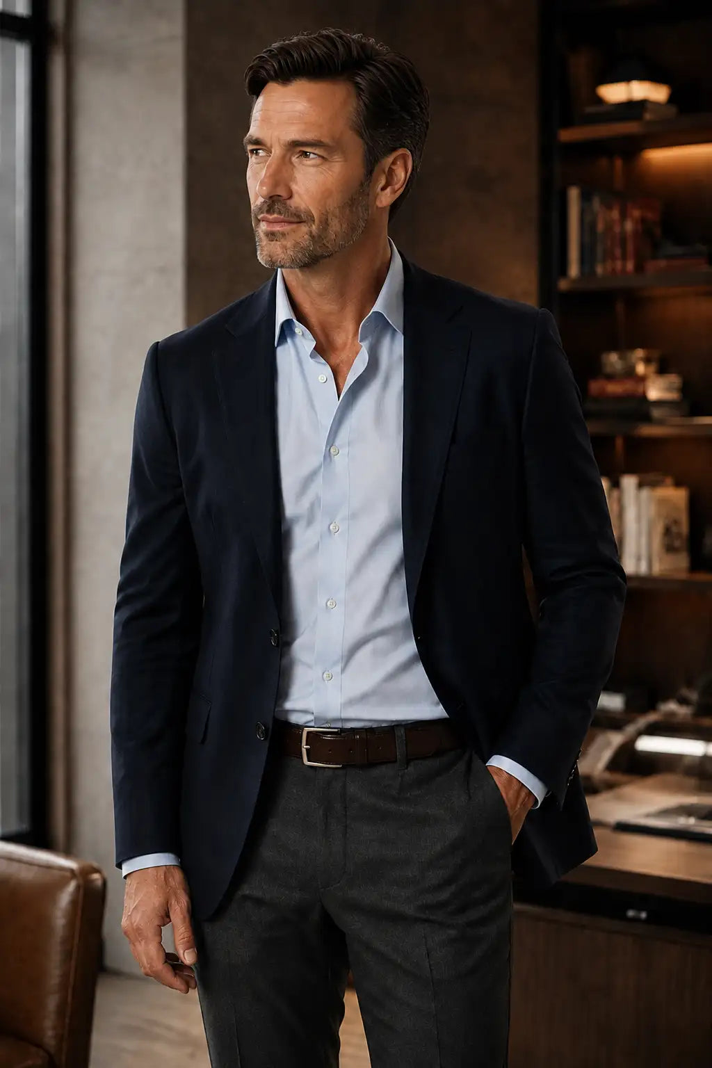 A man wearing a navy blue blazer, light blue dress shirt, dark brown belt, and dark gray trousers, standing in an office.