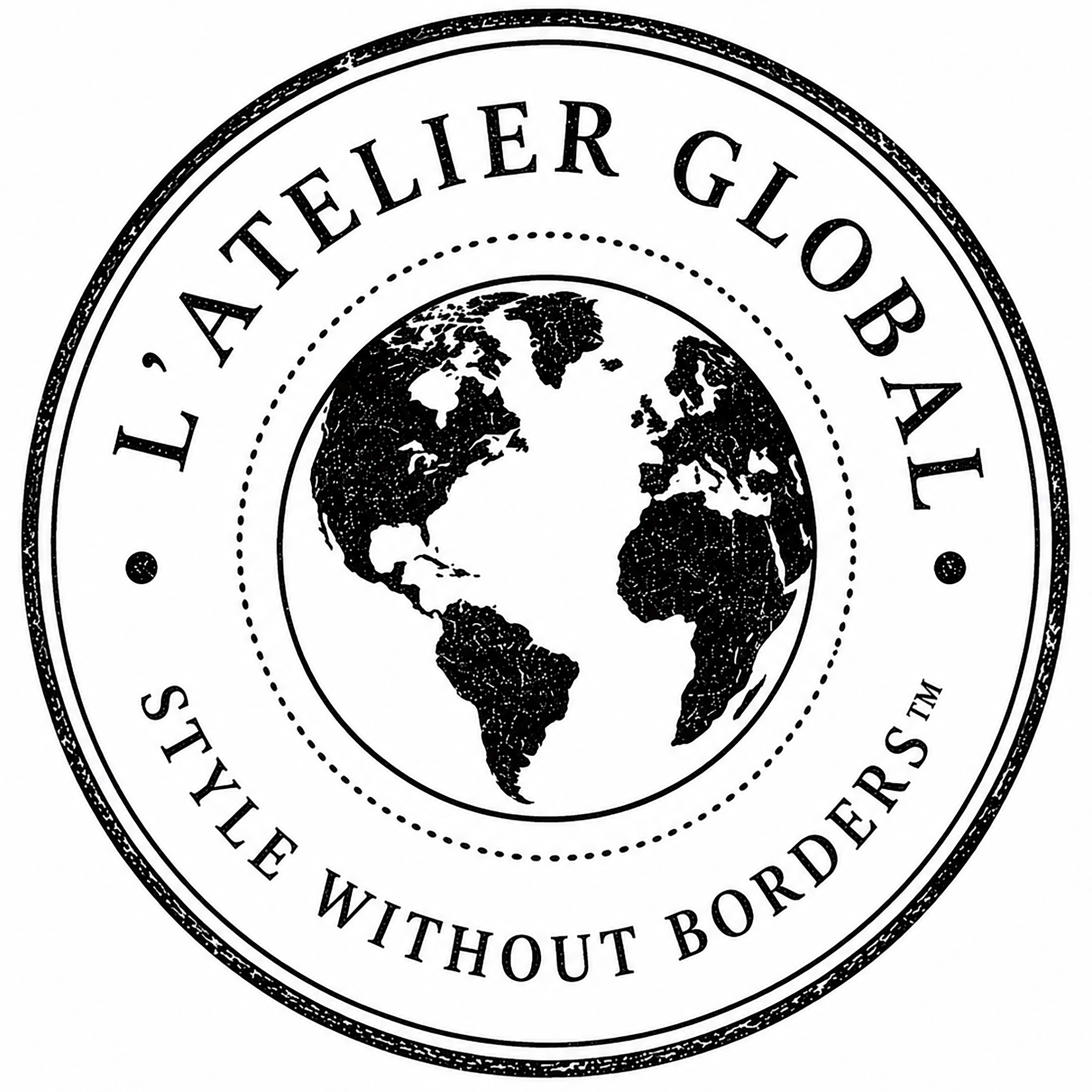 L'Atelier Global Passport Stamp in a circle shape with globe in the center and Style Without Borders at the bottom
