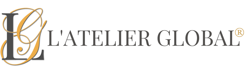 L'Atelier Global LG charcoal and gold logo monogram and the name L'Atelier Global to the right of it in charcoal. Registered Trademark is i gold.