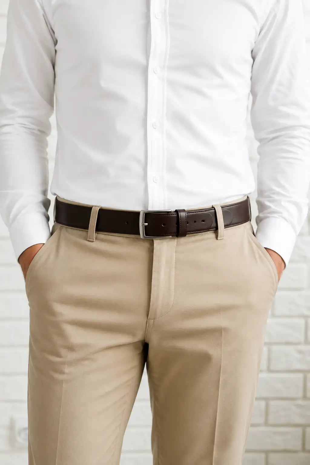 Man with hands in pockets wearing dark brown leather belt, white shirt, khaki pants