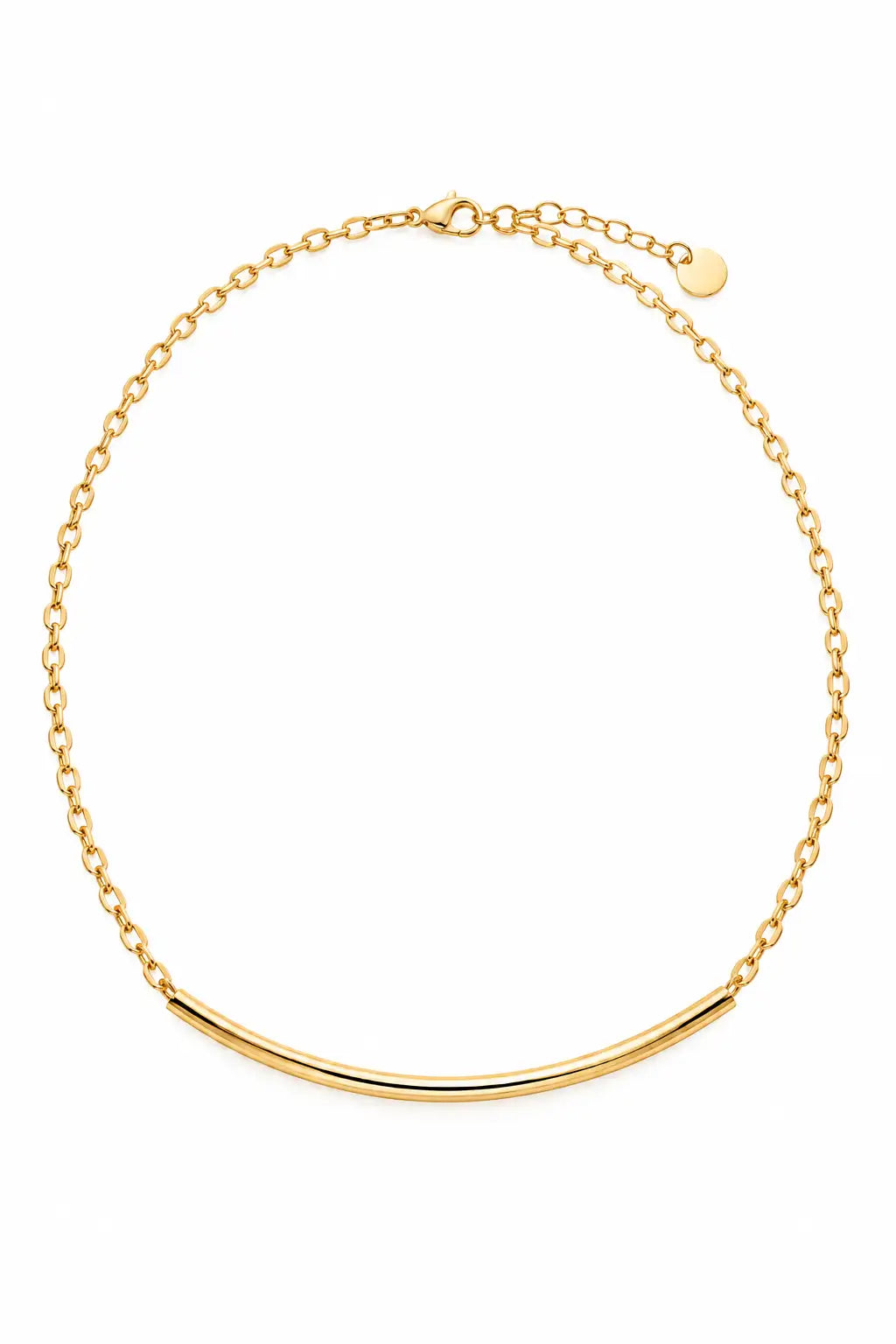 A delicate gold chain necklace featuring a polished, curved bar at the center, displayed on a clean white background.