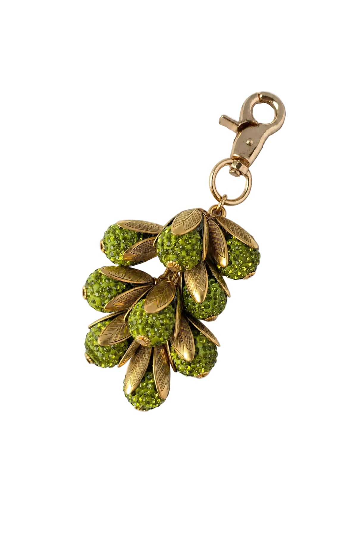 A vintage-style gold-tone keychain featuring a cluster of green rhinestone-encrusted beads shaped like grapes or olives, surrounded by gold-tone leaf-like accents, attached to a gold lobster clasp, shown on a plain white background.