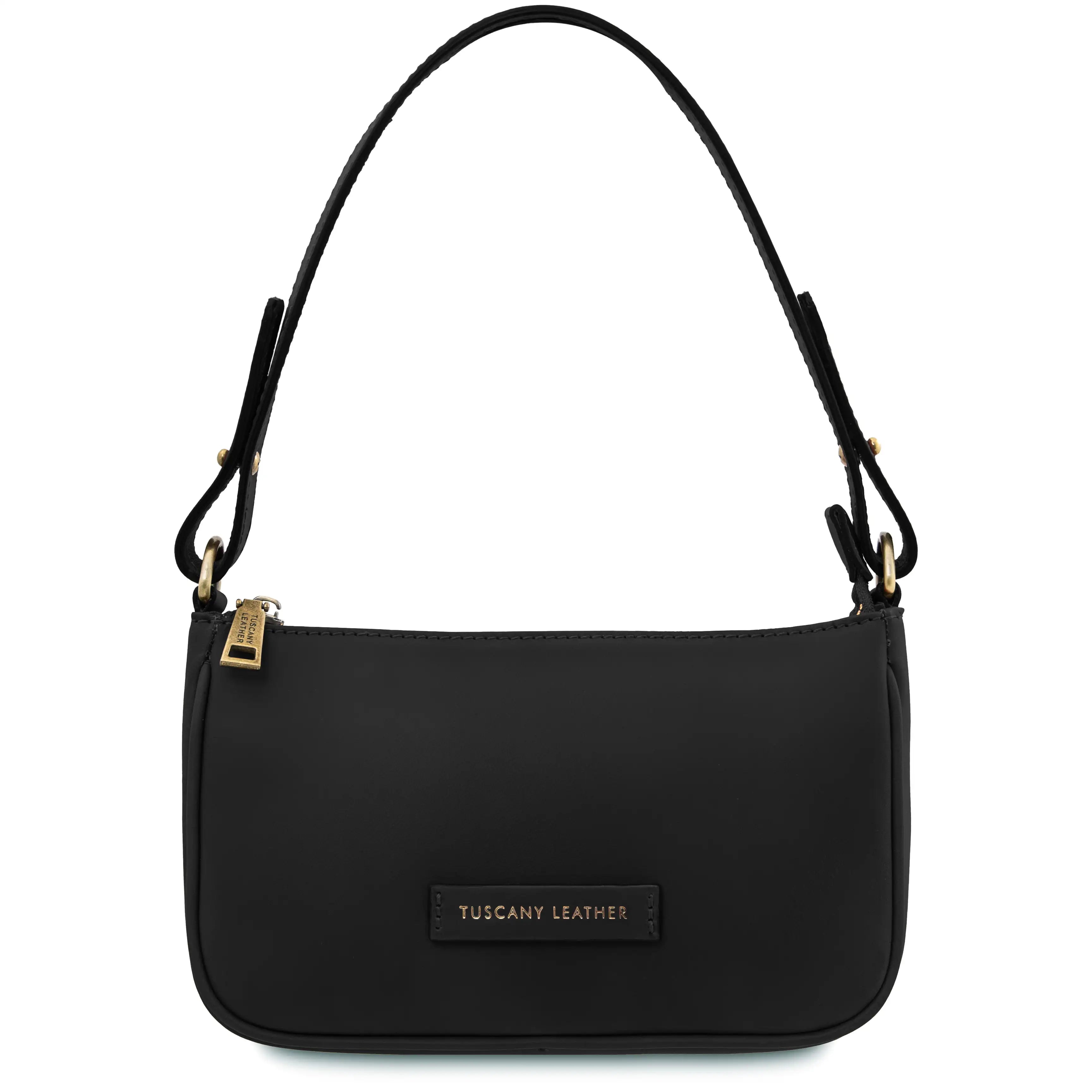 Black handbag with gold accents on a white background