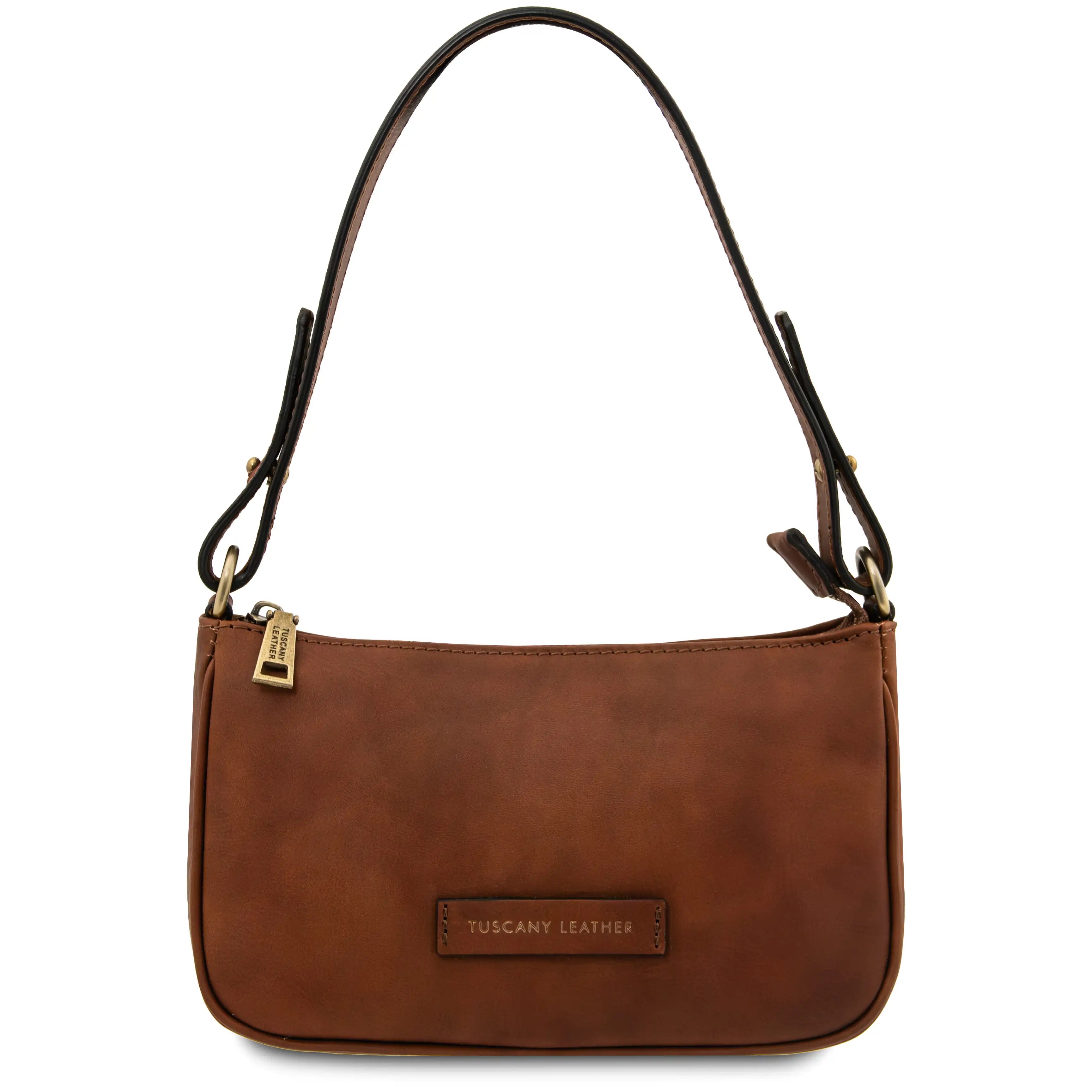 Brown leather handbag with a visible brand label on a white background