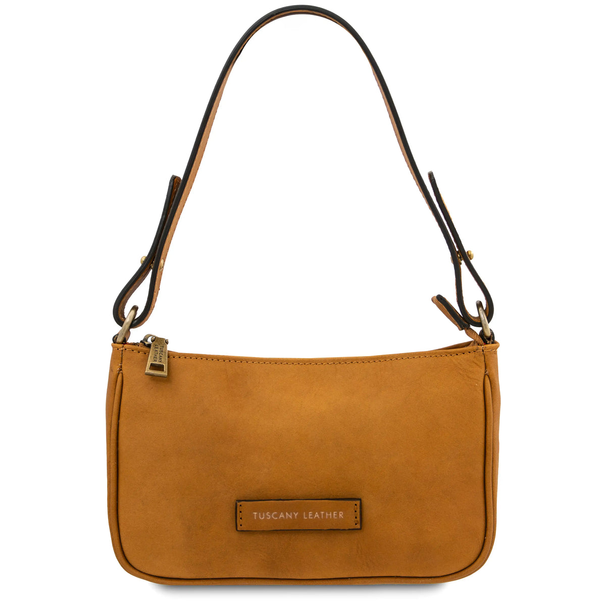 Natural leather handbag with a visible brand label on a white background