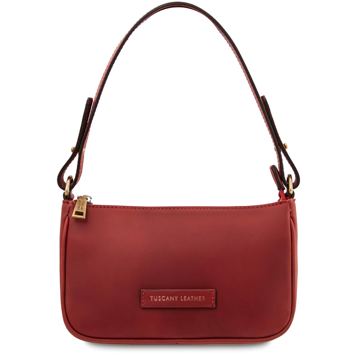 Red handbag with a visible brand logo on a white background