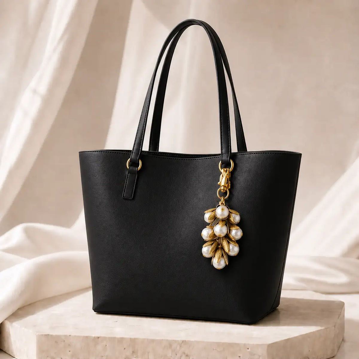 A black leather tote bag with double shoulder straps and a gold-tone hanging charm adorned with faux pearls and antique etched brass petals, displayed on a stone pedestal against a draped beige fabric background.