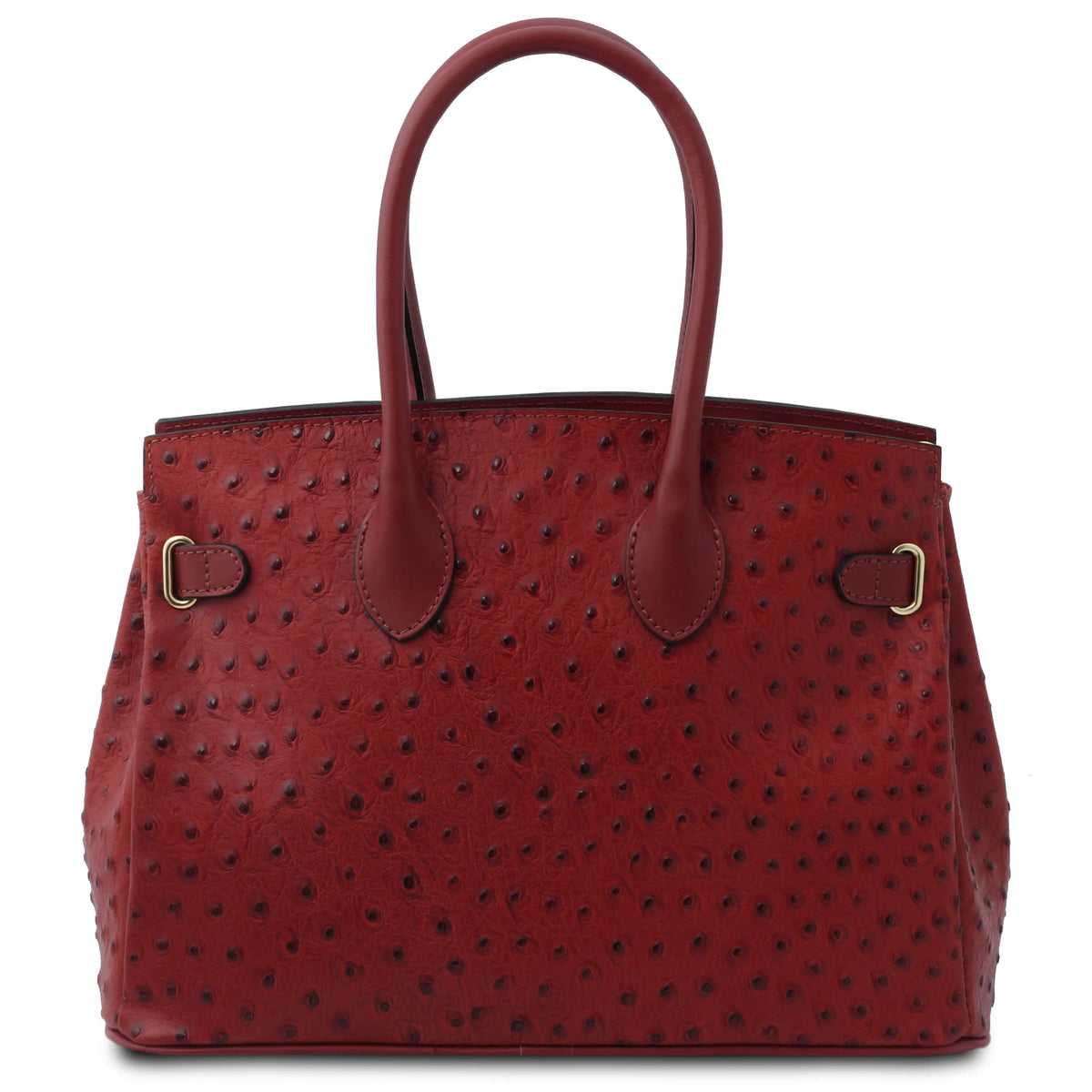 Back view red textured ostirch print leathert handbag with gold hardware on a white background