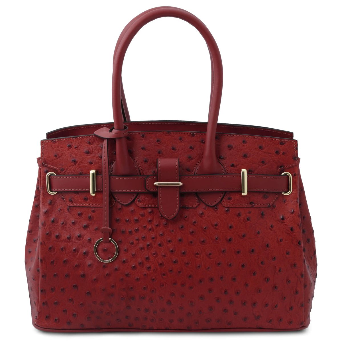 Red ostrich print handbag with gold accents on a white background