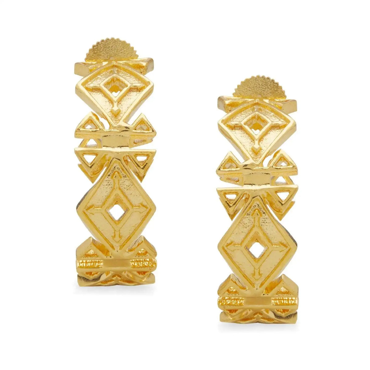 A pair of gold geometric hoop earrings with stacked diamond and triangle patterns, shown on a plain white background.