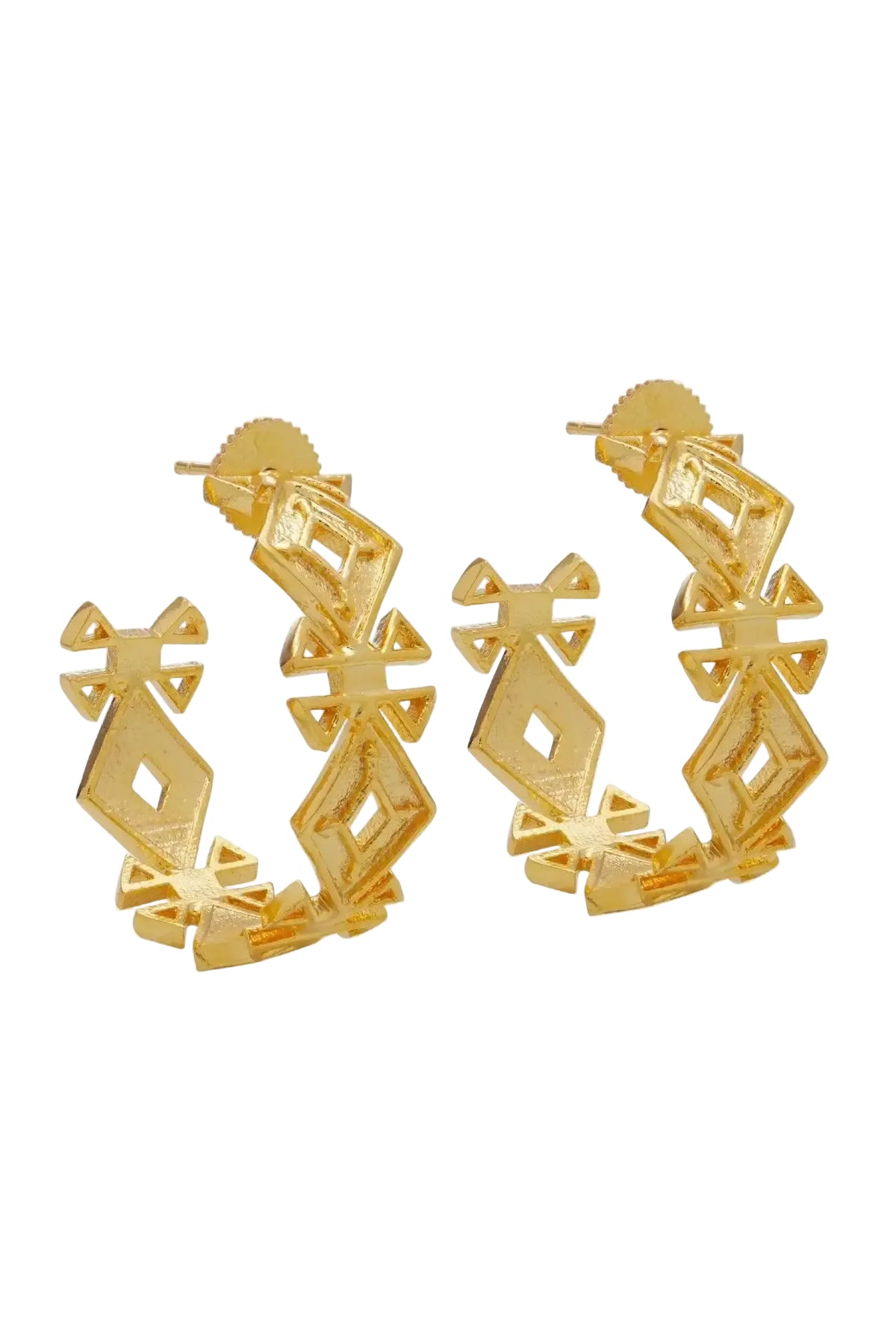 A pair of gold geometric hoop earrings with a textured, openwork diamond and bow-like pattern, shown on a clean white background.
