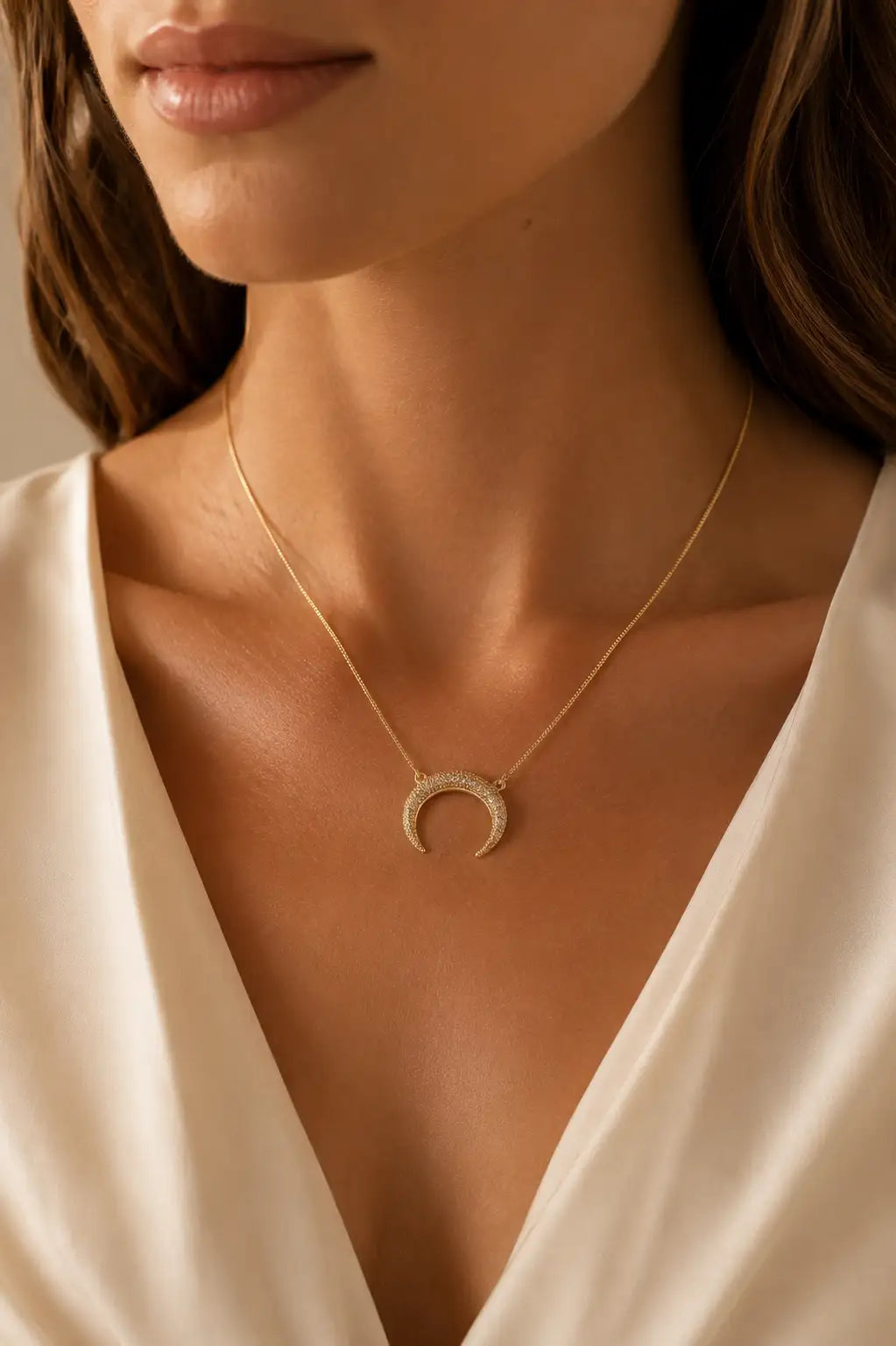 Close-up of a woman wearing a gold necklace with a crescent moon pendant.
