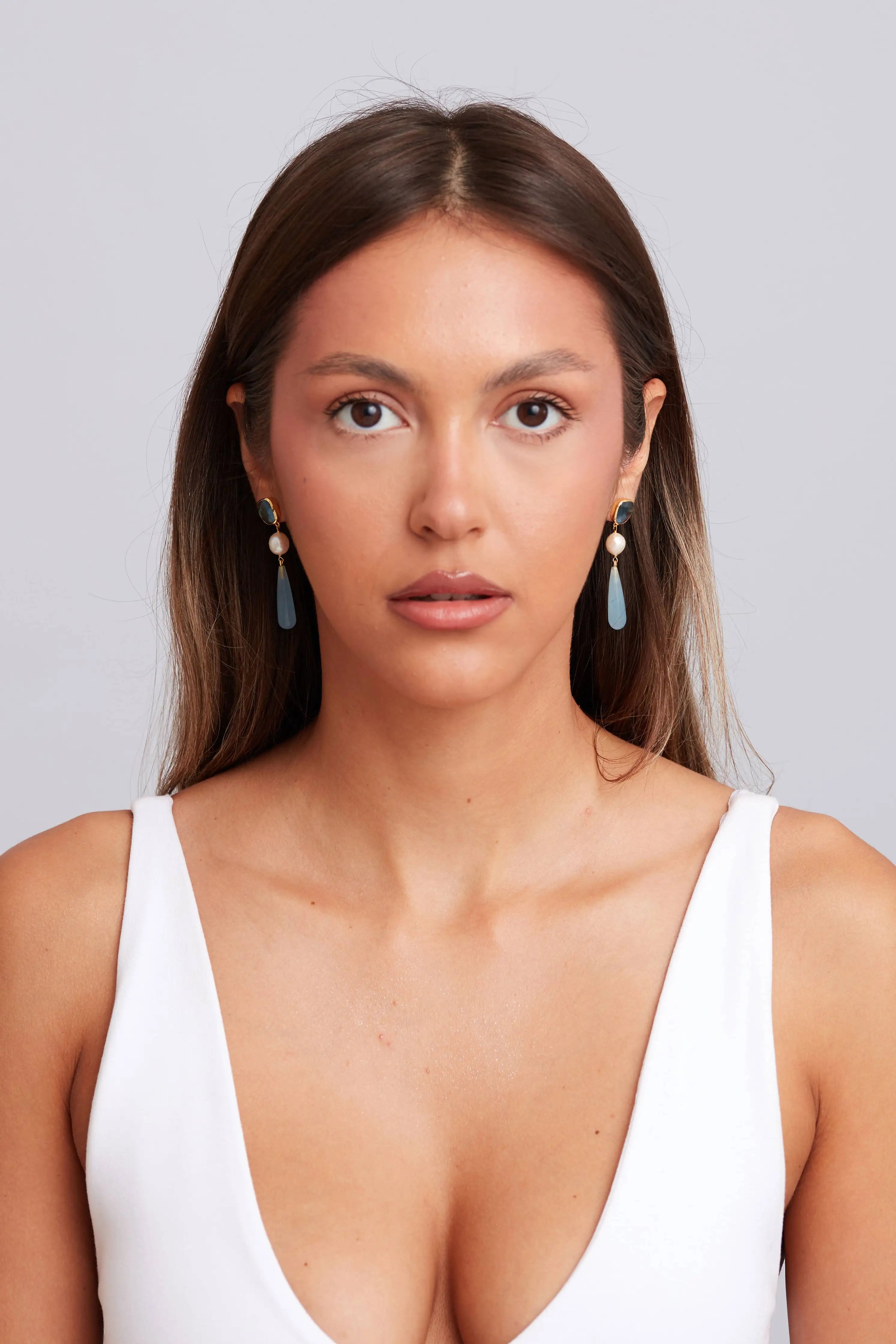 Scarlett Drop Earrings | Pearl & Aquamarine Chalcedony | 18K Gold Plated