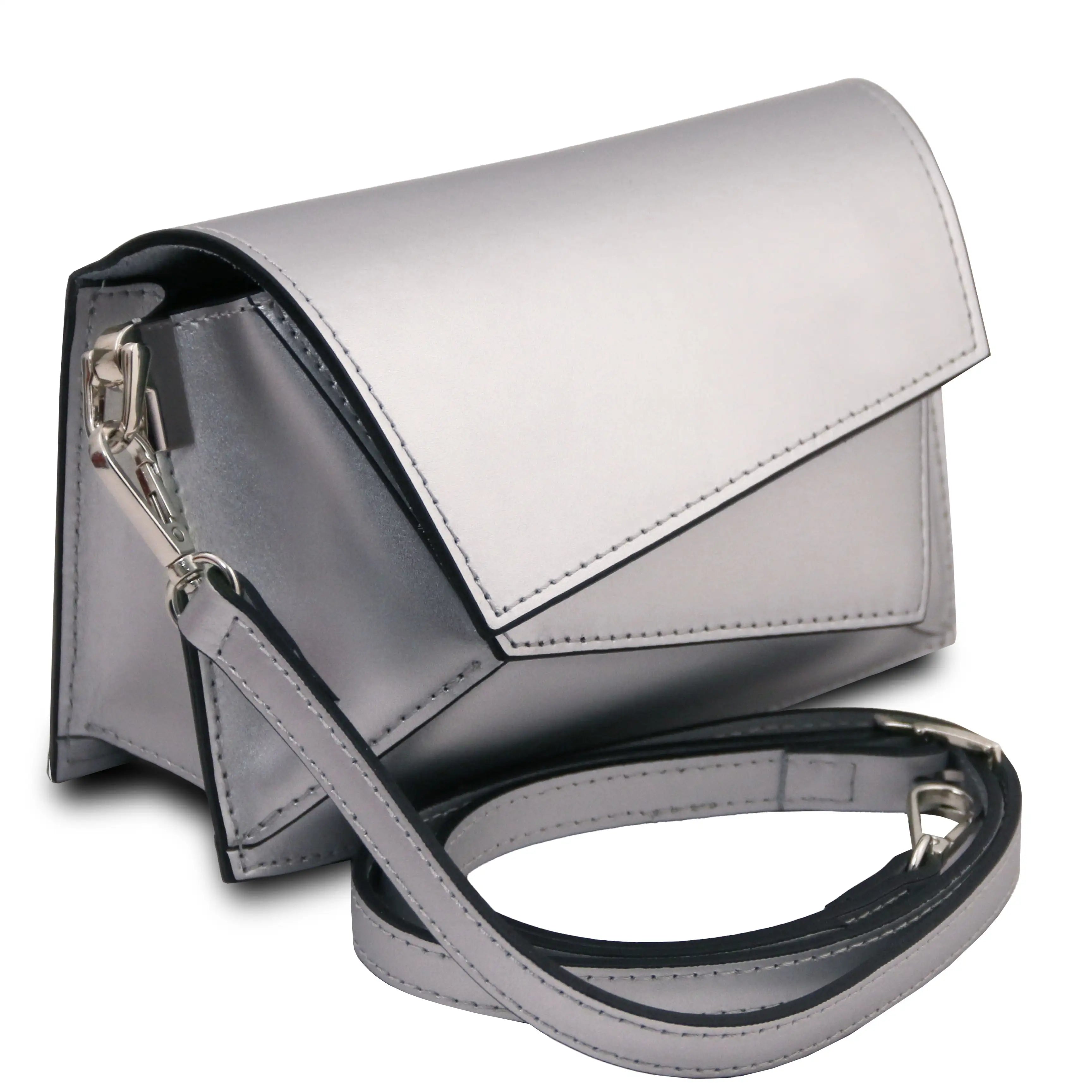 A metallic silver crossbody handbag with a matching shoulder strap, shown on a clean white background.