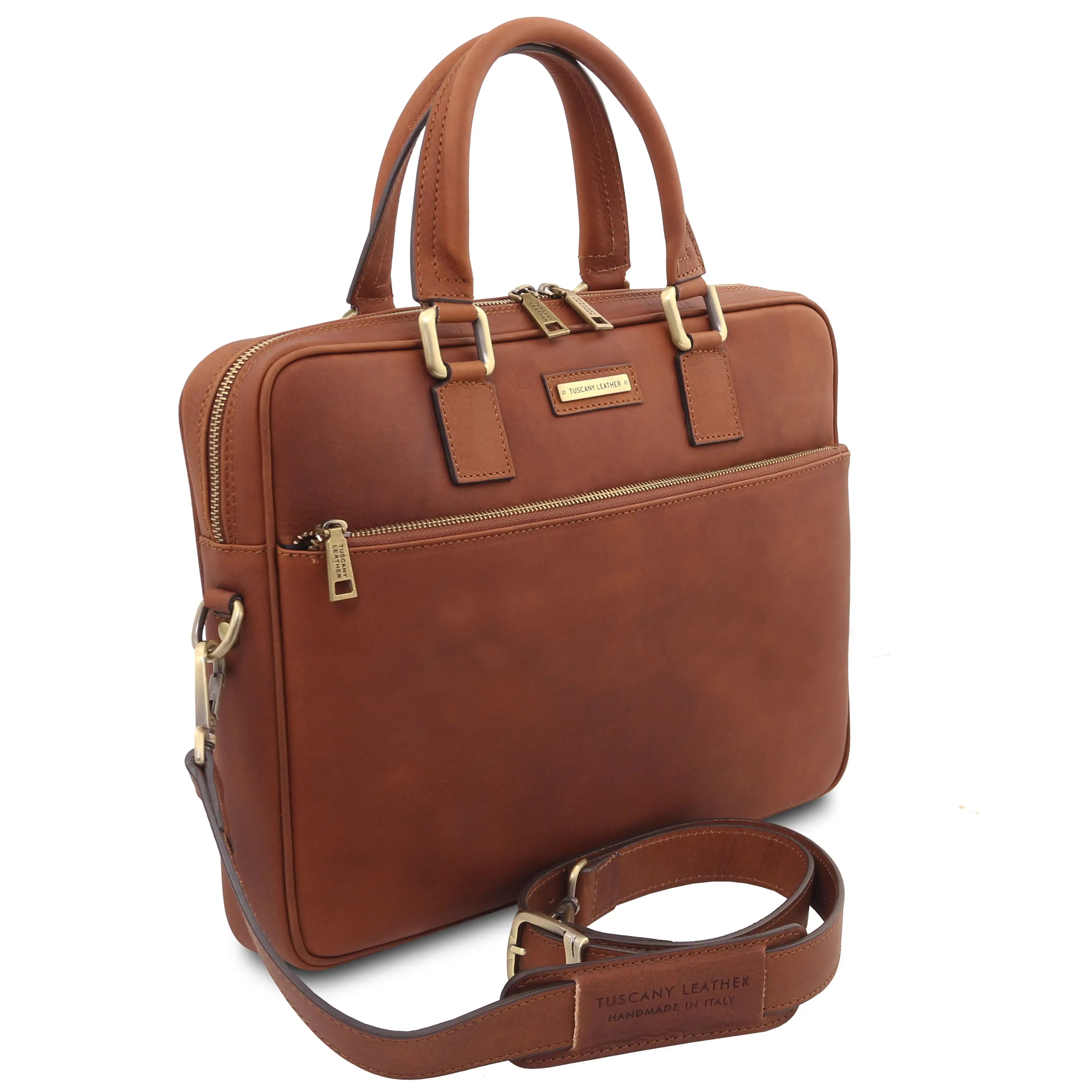 Side view brown Ferrara Leather Laptop Briefcase with shoulder strap on a white background 