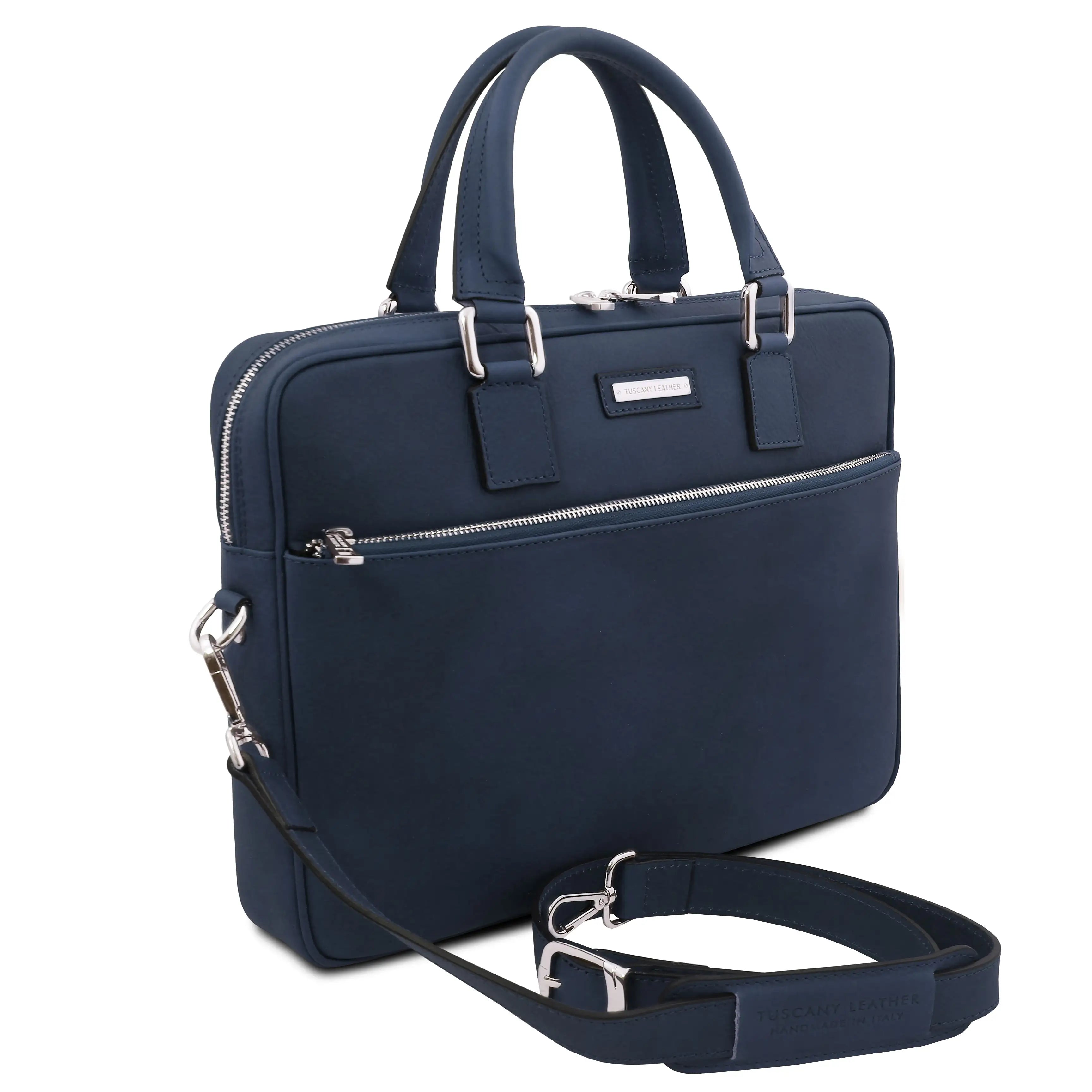 Side view dark blue Ferrara Leather Laptop Briefcase with shoulder strap on a white background 