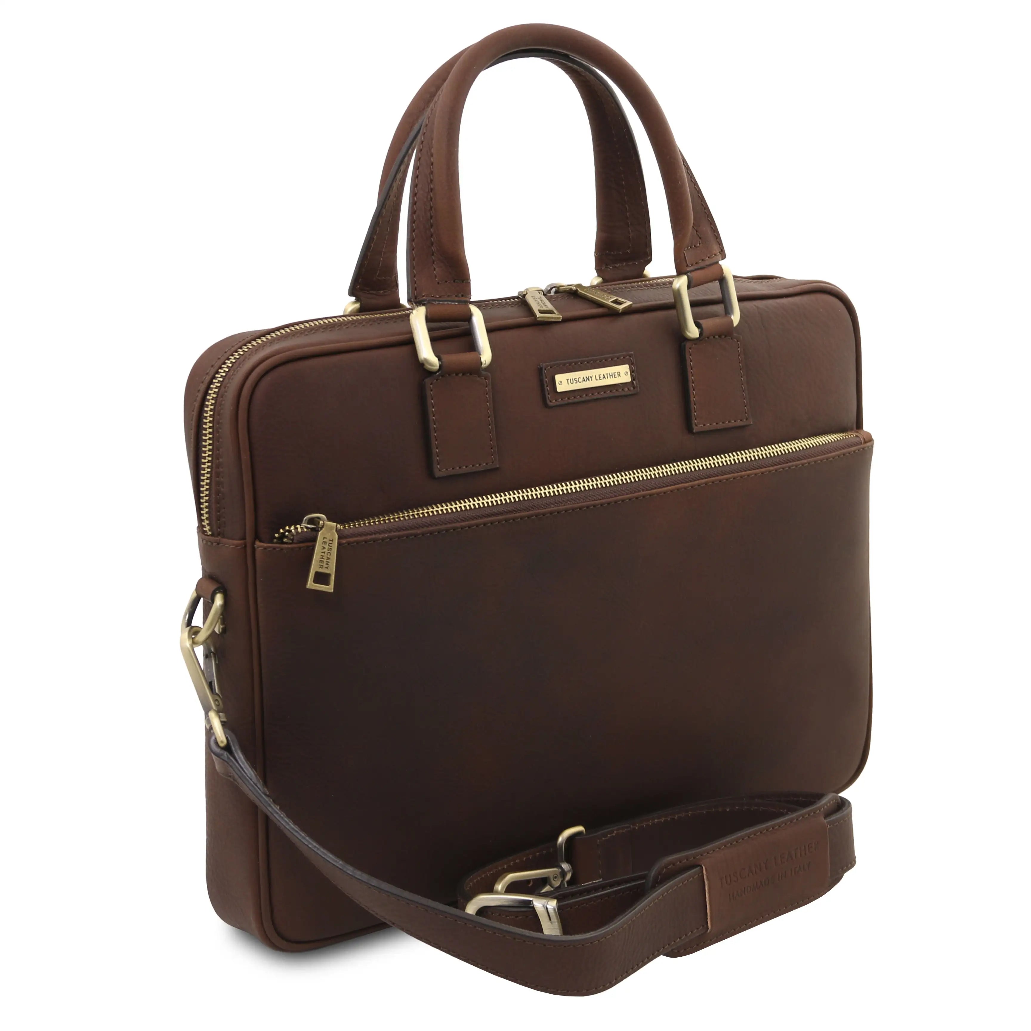 Side view dark brown Ferrara Leather Laptop Briefcase with shoulder strap on a white background 