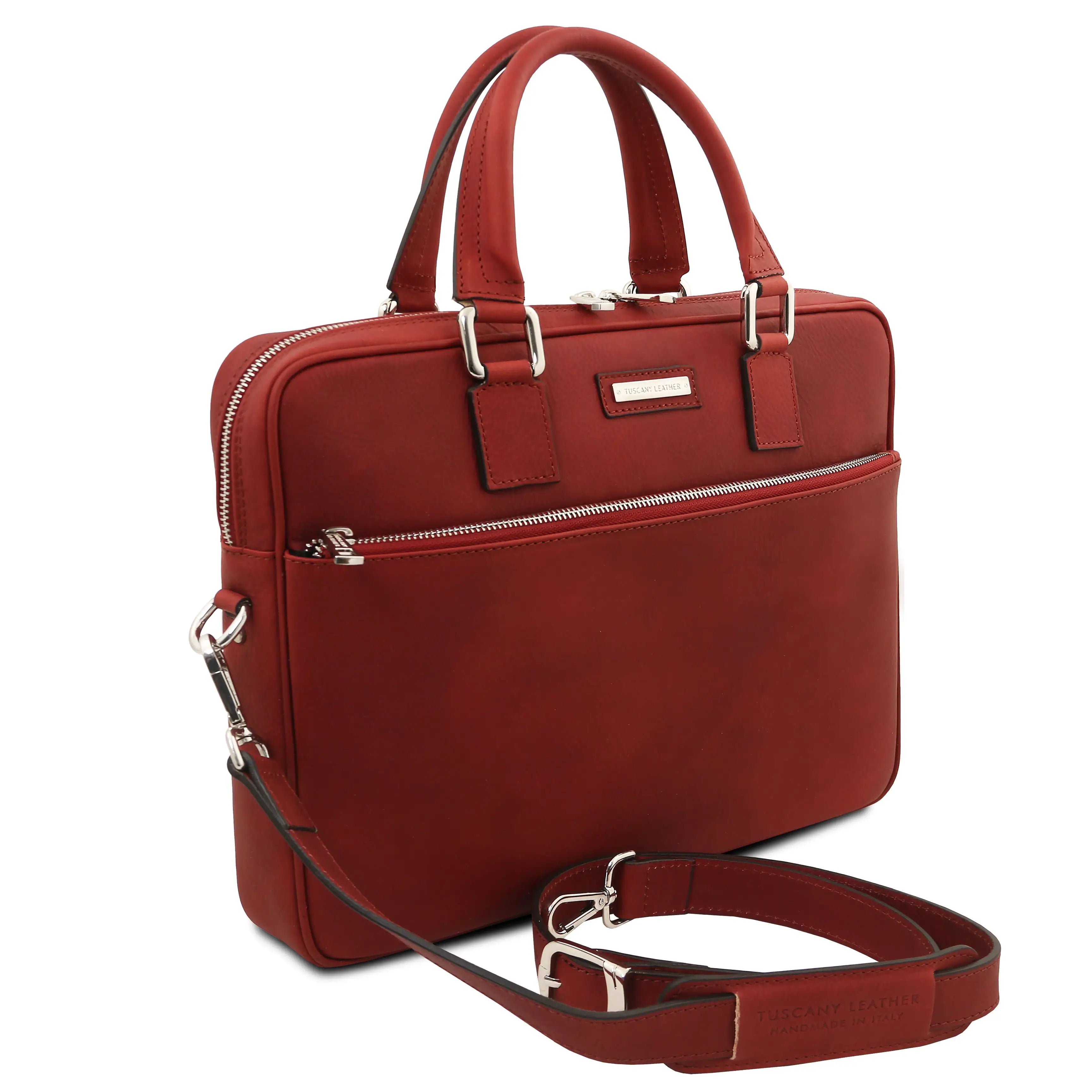 Side view red Ferrara Leather Laptop Briefcase with shoulder strap on a white background 