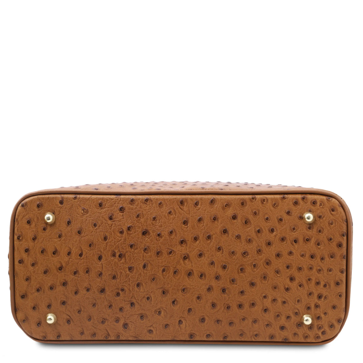 Bottom view cognac textured handbag with gold protective feet on a white background