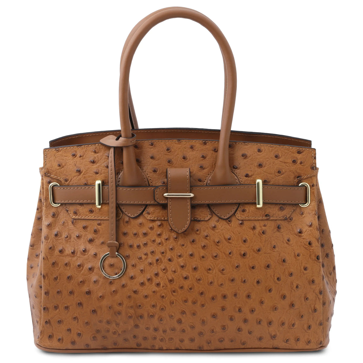 A structured cognac ostrich leather handbag with dual top handles, a front strap detail with gold-tone hardware, and a hanging ring charm, shown on a plain white background.