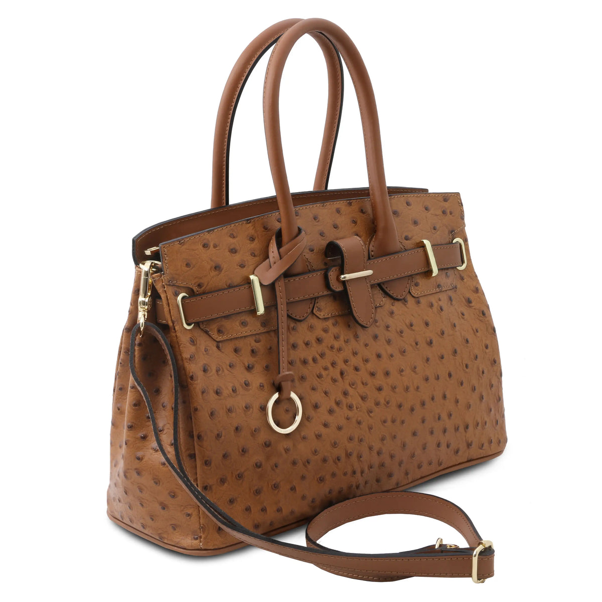 A structured cognac ostrich-textured leather handbag with double top handles, a matching shoulder strap, and gold-tone hardware, shown on a plain white background.