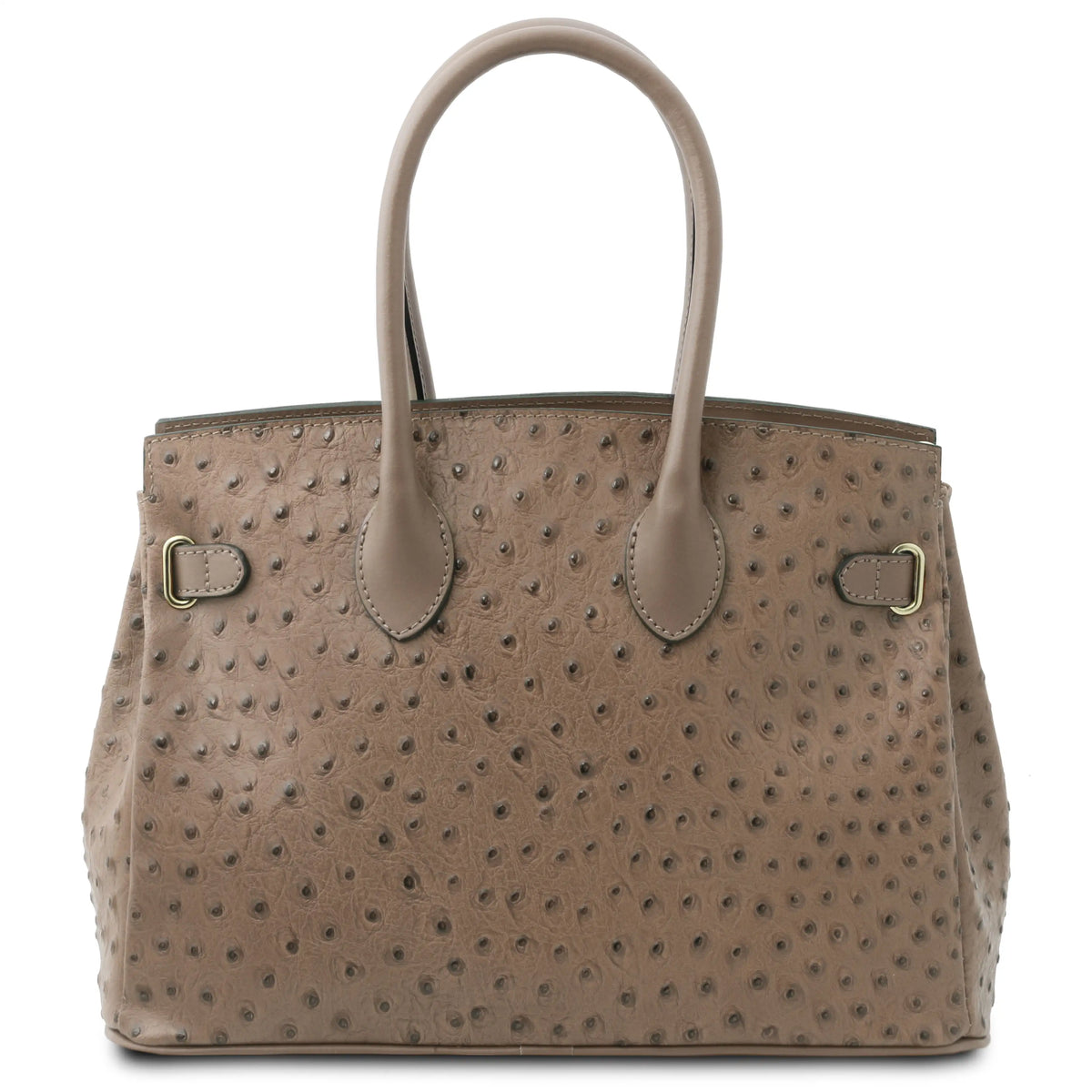 Back view red textured ostirch print leather handbag with gold hardware on a white background