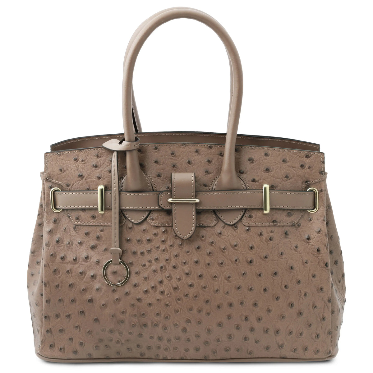 A taupe ostrich-textured leather handbag with dual top handles, a front strap closure, and gold-tone hardware, shown against a plain white background.