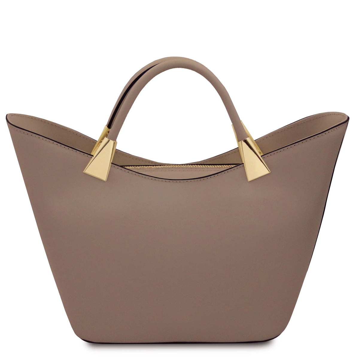 A taupe leather tote bag with a curved top handle and gold-tone metal accents on the handle bases, shown against a plain white background.