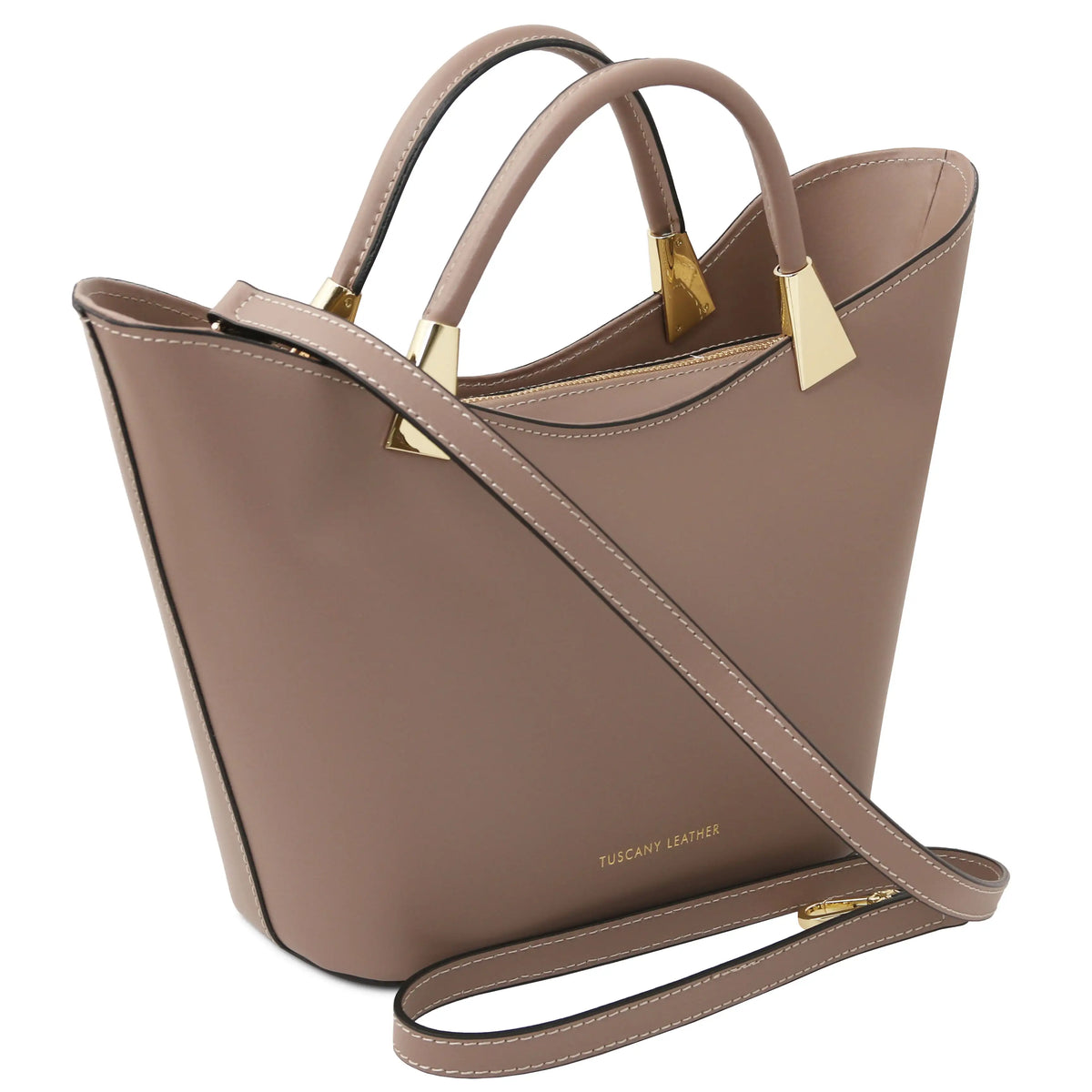 A structured taupe leather handbag with dual top handles, a detachable shoulder strap, and gold-tone hardware, shown on a clean white background.