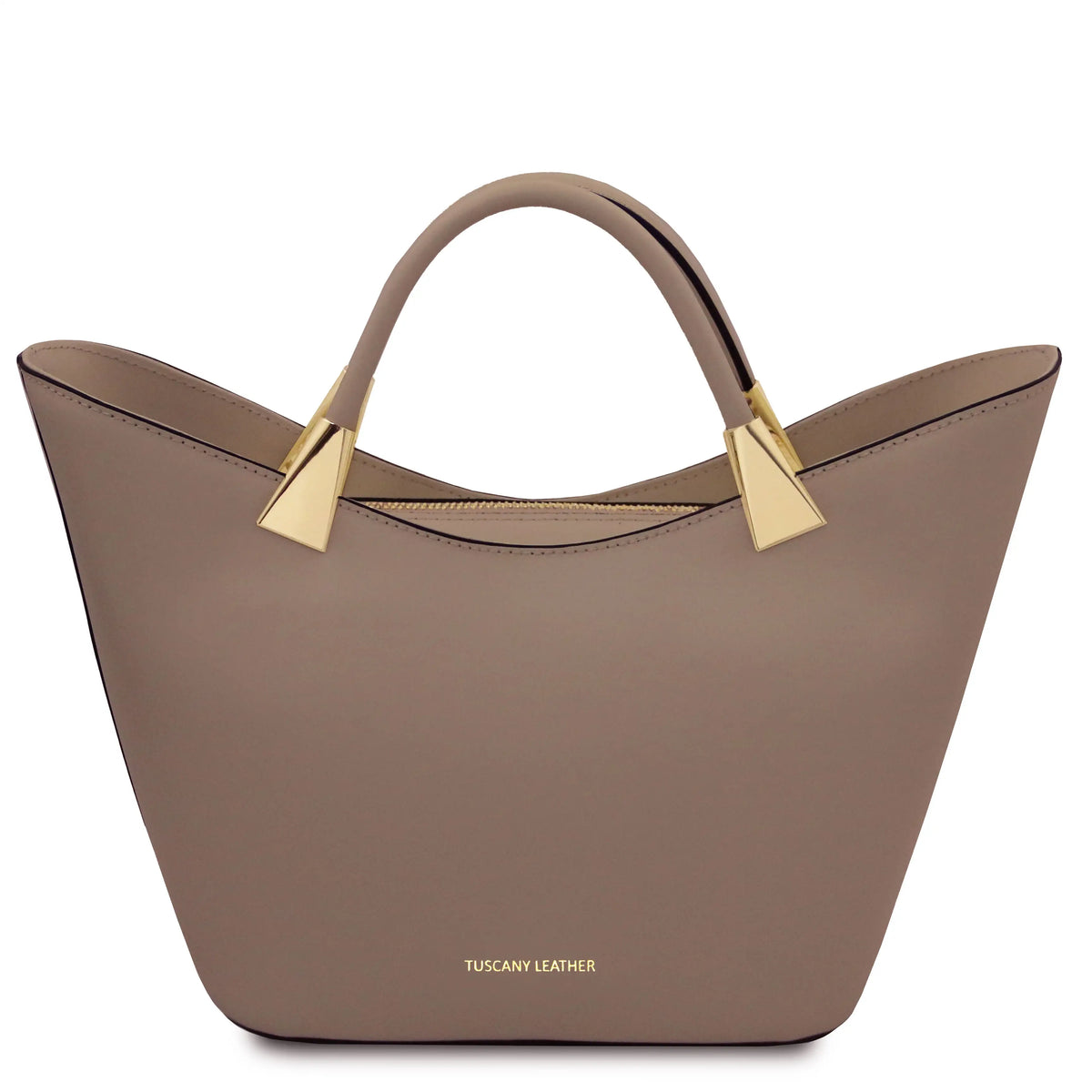 A structured tote in taupe leather with gold-tone hardware and a top zipper, shown on a plain white background.