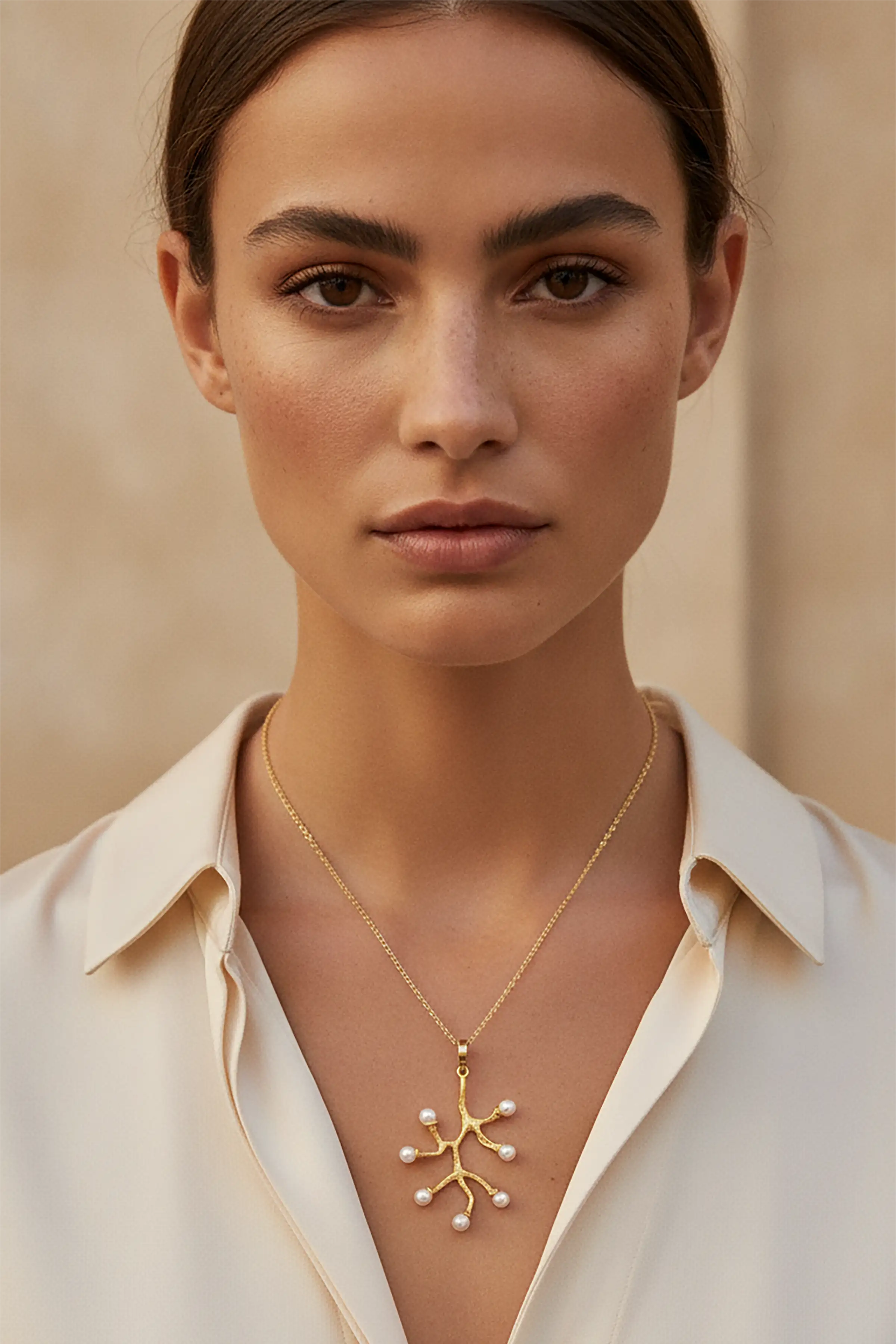 A close-up portrait of a woman wearing a delicate gold necklace with a branch-like pendant adorned with small white pearls, paired with a cream-colored collared blouse against a soft beige background.