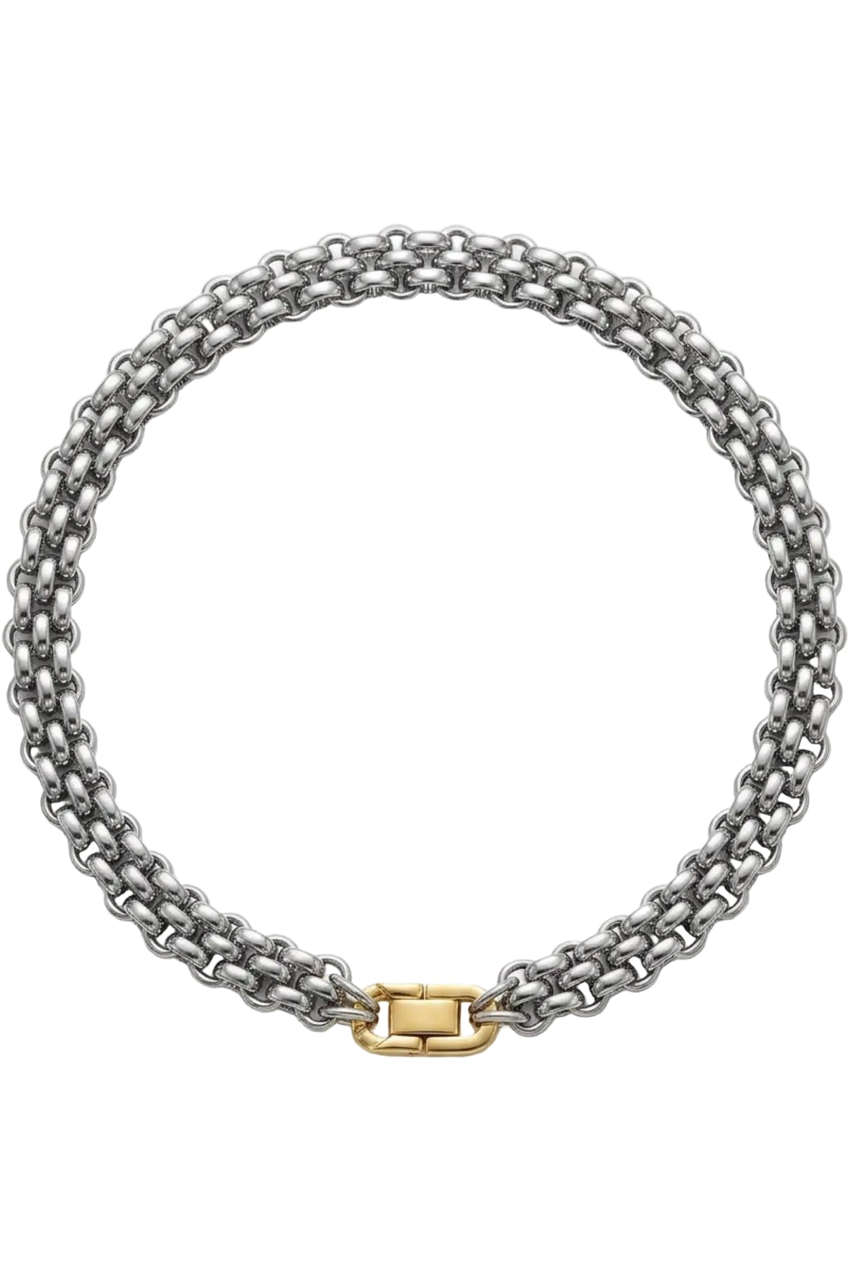 A double-strand, threaded, silver chain necklace with a polished gold clasp, displayed on a clean white background.