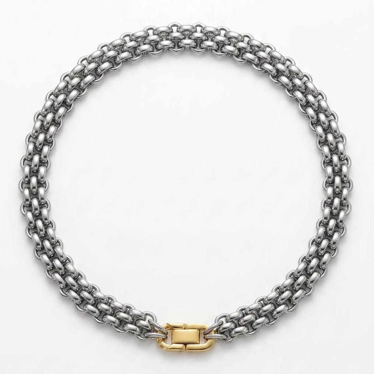 A silver-toned chain link necklace with a polished gold-toned clasp, arranged in a circle on a clean white background.