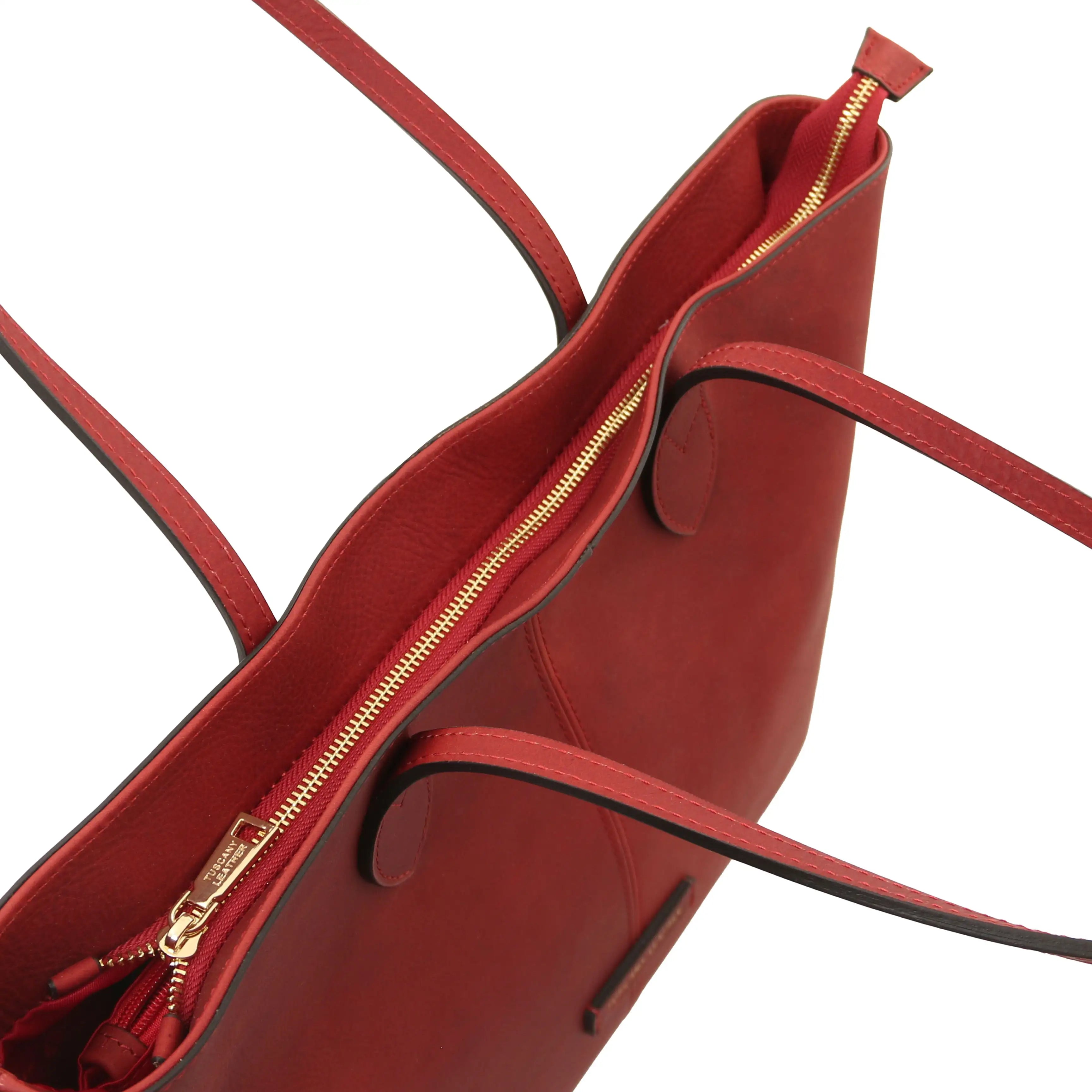 Top zippered closure view Red Essenza Shoulder Bag