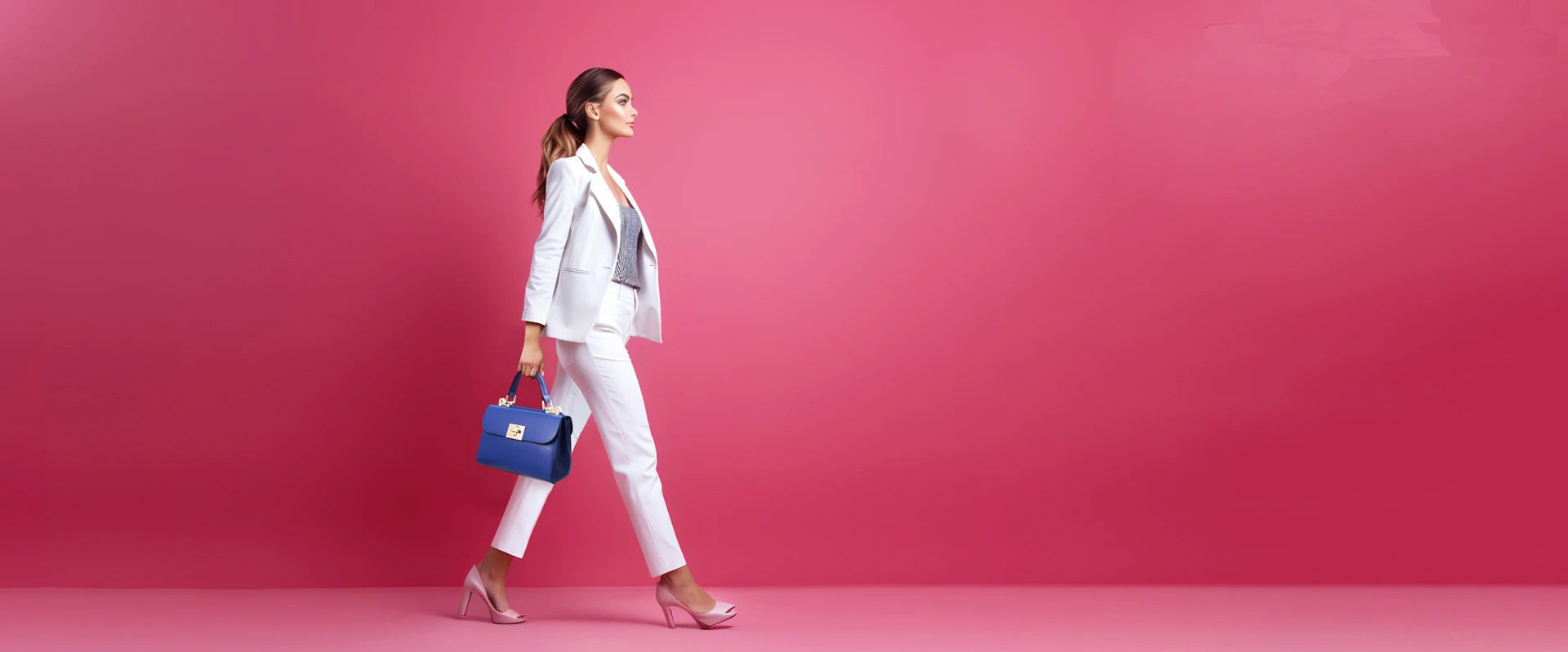 A female model in a chic white pant suite is carrying the Armonia Italian Leather Handbag in Blue in front of a vibrant pink background