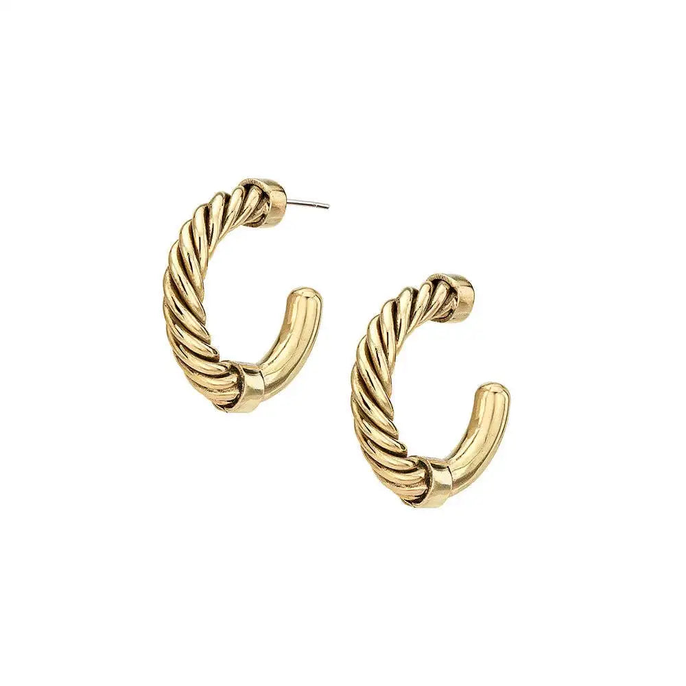 A pair of gold-toned twisted hoop earrings with a polished finish, displayed on a clean white background.