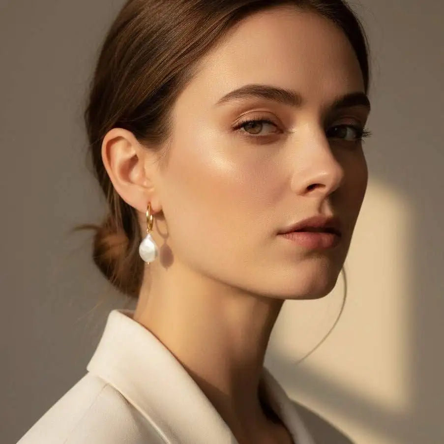 Woman wearing the Amalfi Bianca 2-in-1 Huggies 18K Gold Plated & Keshi Pearls