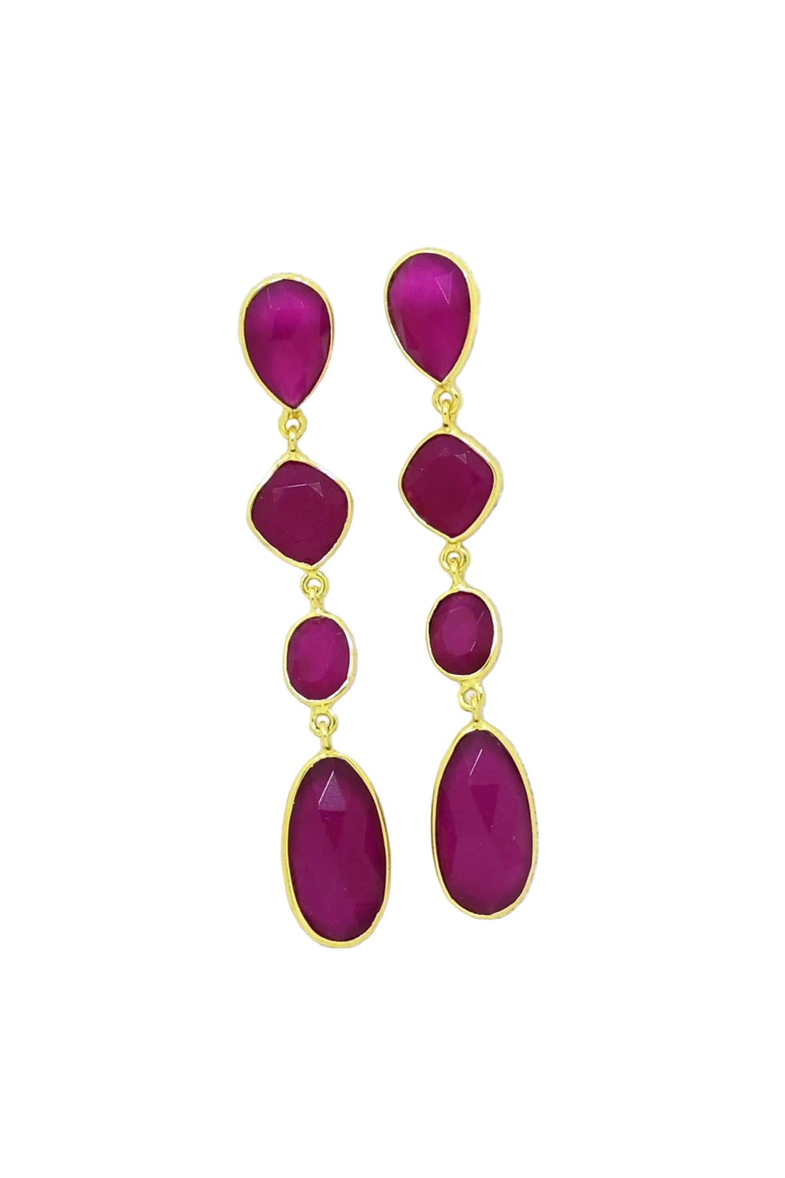 Fuchsia teardrop earrings with gold  on a white background