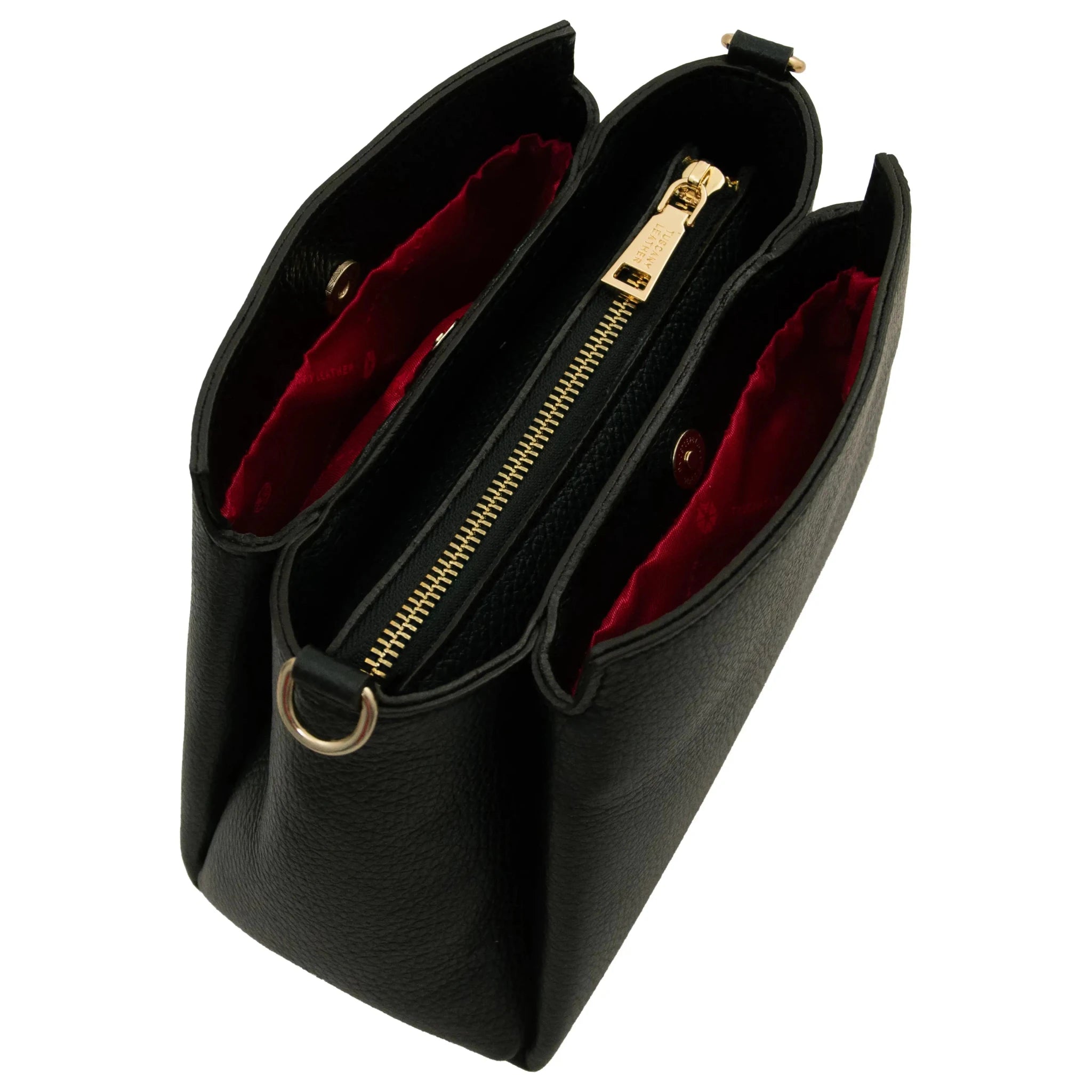 Top zipper closure side compartments view Abby Leather Bag in Black
