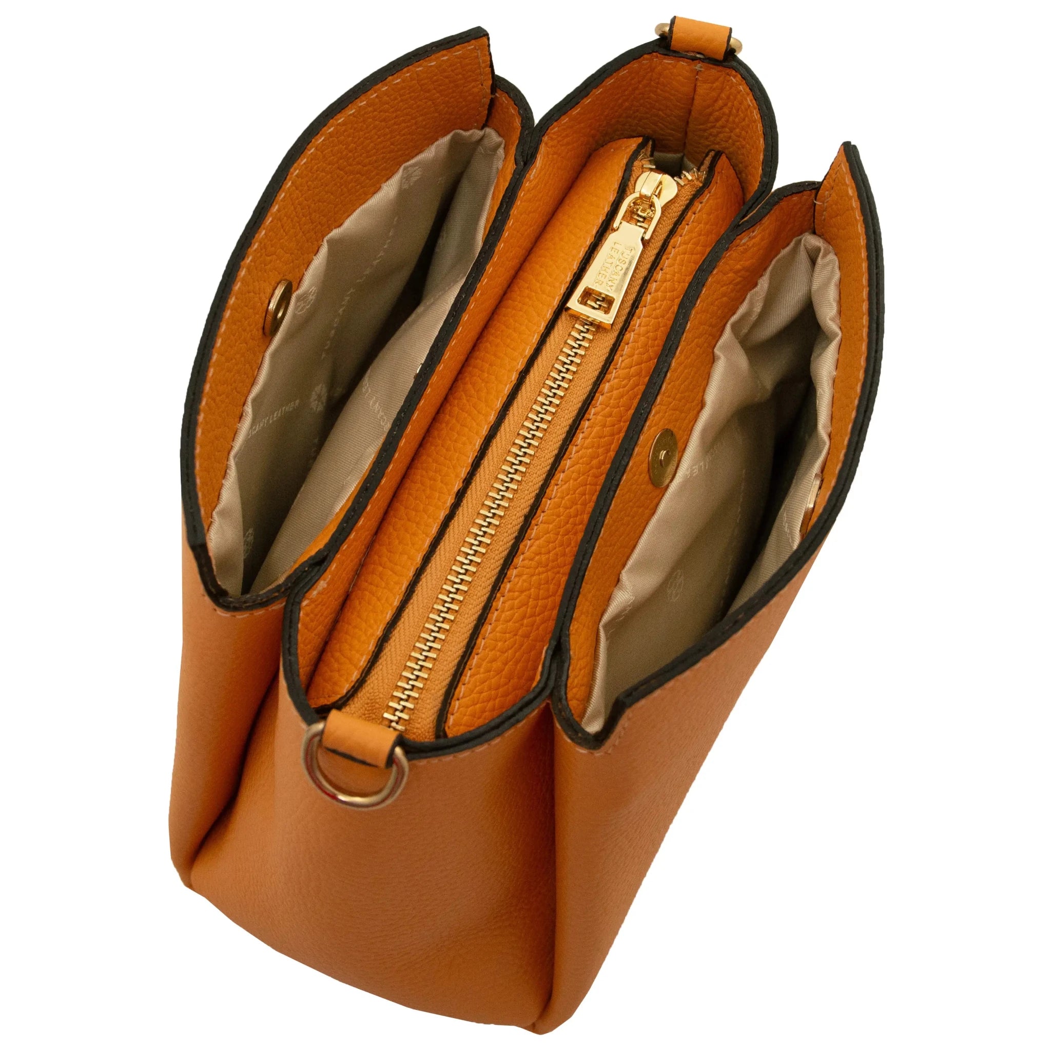 Top zippered closure view Abby Italian Pebbled Leather Bag in Apricot