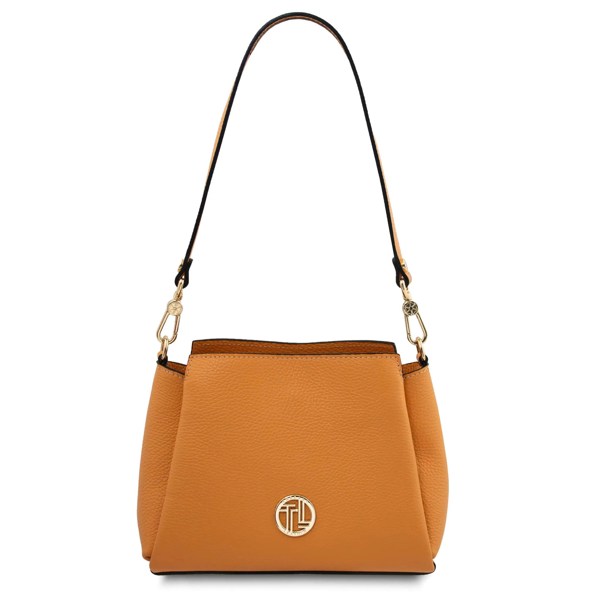 Front view Abby Italian Pebbled Leather Bag in Apricot  with shoulder strap