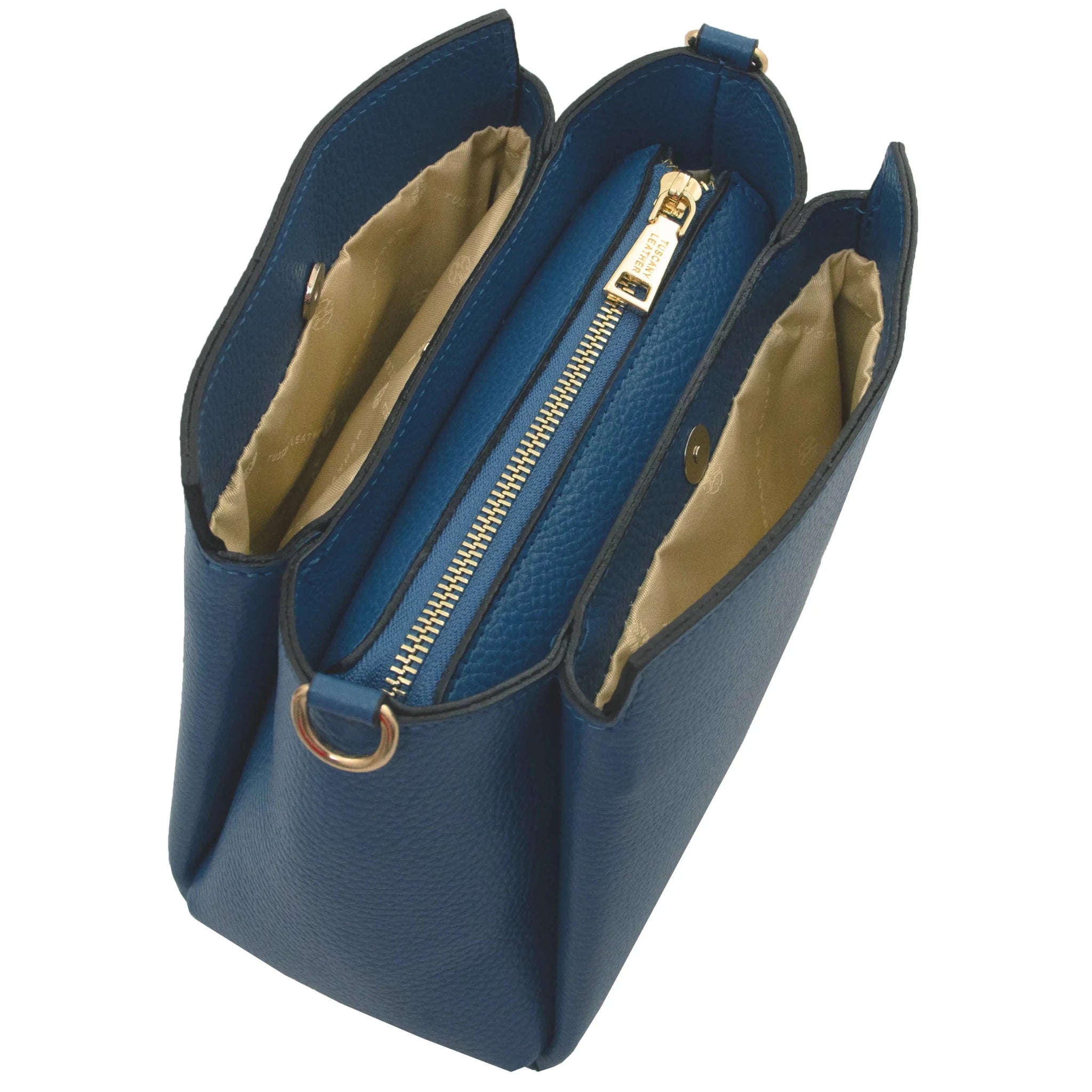 Top zip closure view Abby Leather Bag in Denim